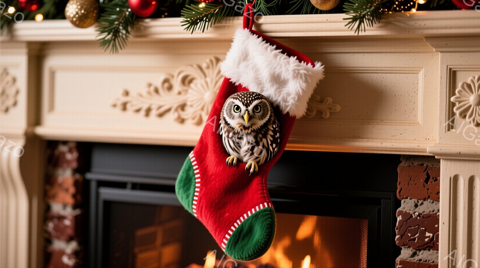 クリスマス柄の赤い靴下が暖炉の上のマントルピースに掛けられています。靴下には、リアルな羽と鮮やかな目を持つフクロウの置物がついており、クリスマスの装飾が施された暖炉の前に座っているように見えます。暖炉 - AI生成フリー素材