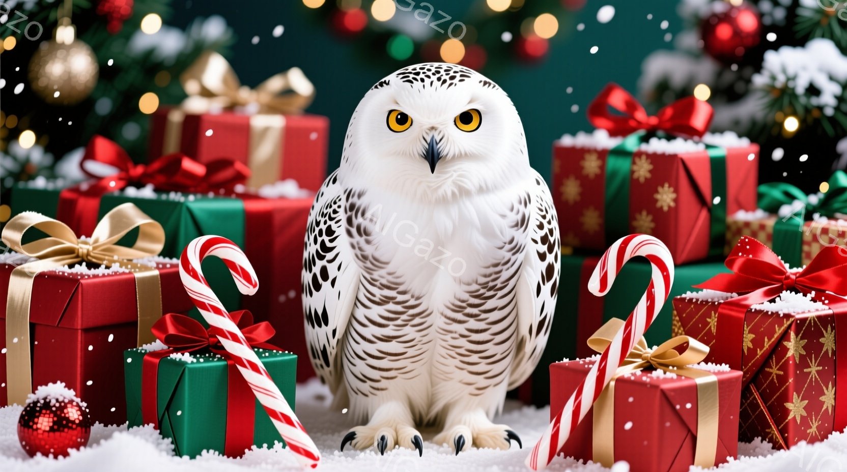 白いフクロウが、クリスマスプレゼントの山の中に座っています。プレゼントは赤と緑の色で、金色のリボンとキャンディケーンで飾られています。背景にはぼやけたクリスマスツリーの装飾があり、雪がちらつく冬の雰囲 - AI生成フリー素材