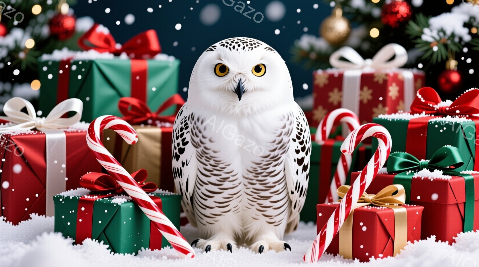 白い雪フクロウが、赤いと緑の包装紙で飾られたプレゼントの山の中に座っています。フクロウは鋭い黄色の目で正面を見つめ、雪が降るクリスマスの背景に、威厳と静けさをもたらしています。キャンディケーンがプレゼントの周りに散りばめられ、お祝いの雰囲気と冬のワンダーランドの魅力を高めています。