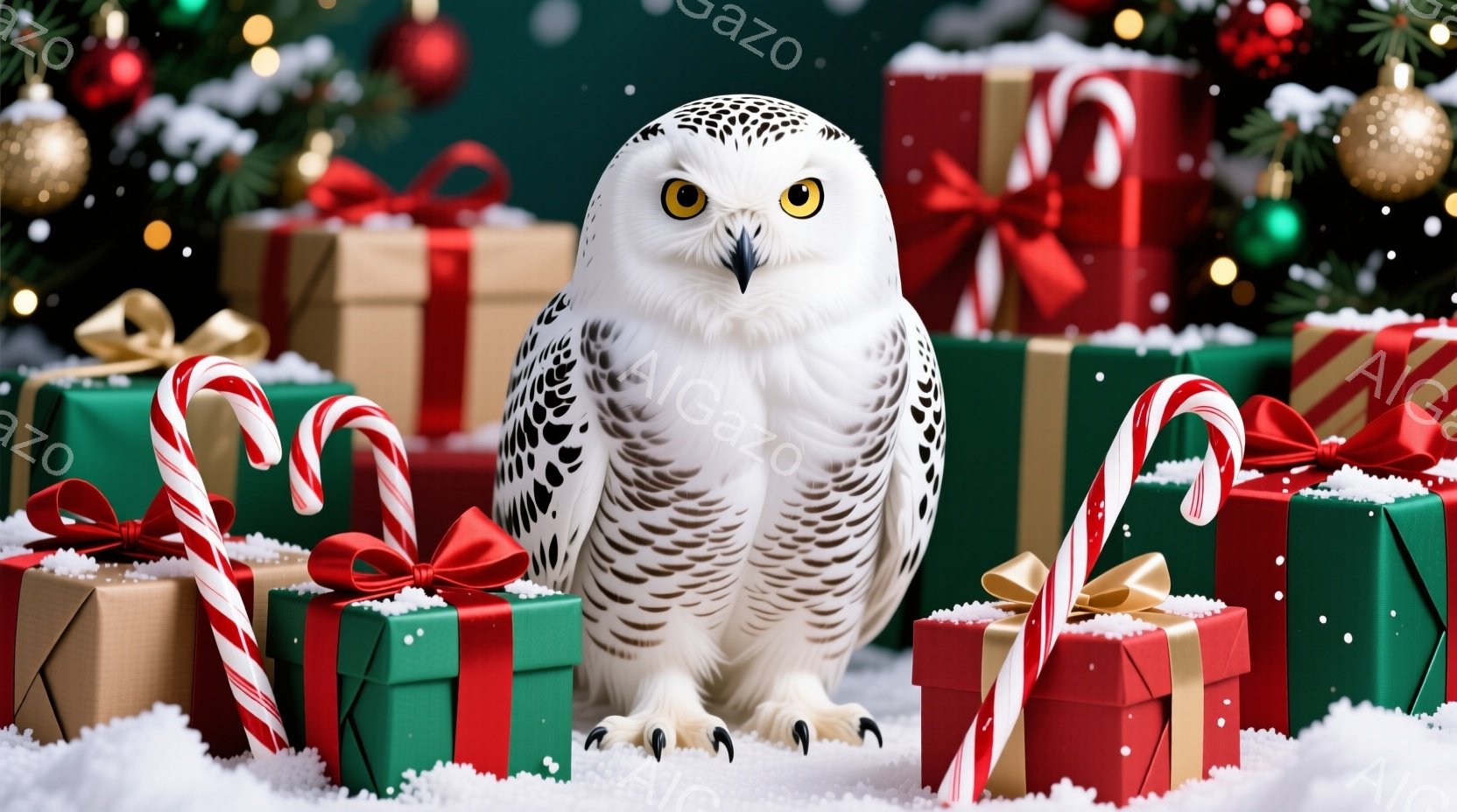 白いフクロウが雪の上に座り、赤いリボンと金色のリボンで飾られたプレゼントの山に囲まれています。フクロウは鋭い黄色い目で正面を見据え、静かで威厳のある表情をしています。背景には緑と赤のクリスマスツリーのオーナメントと、きらめく雪が散りばめられており、華やかで冬の祭りの雰囲気を醸し出しています。