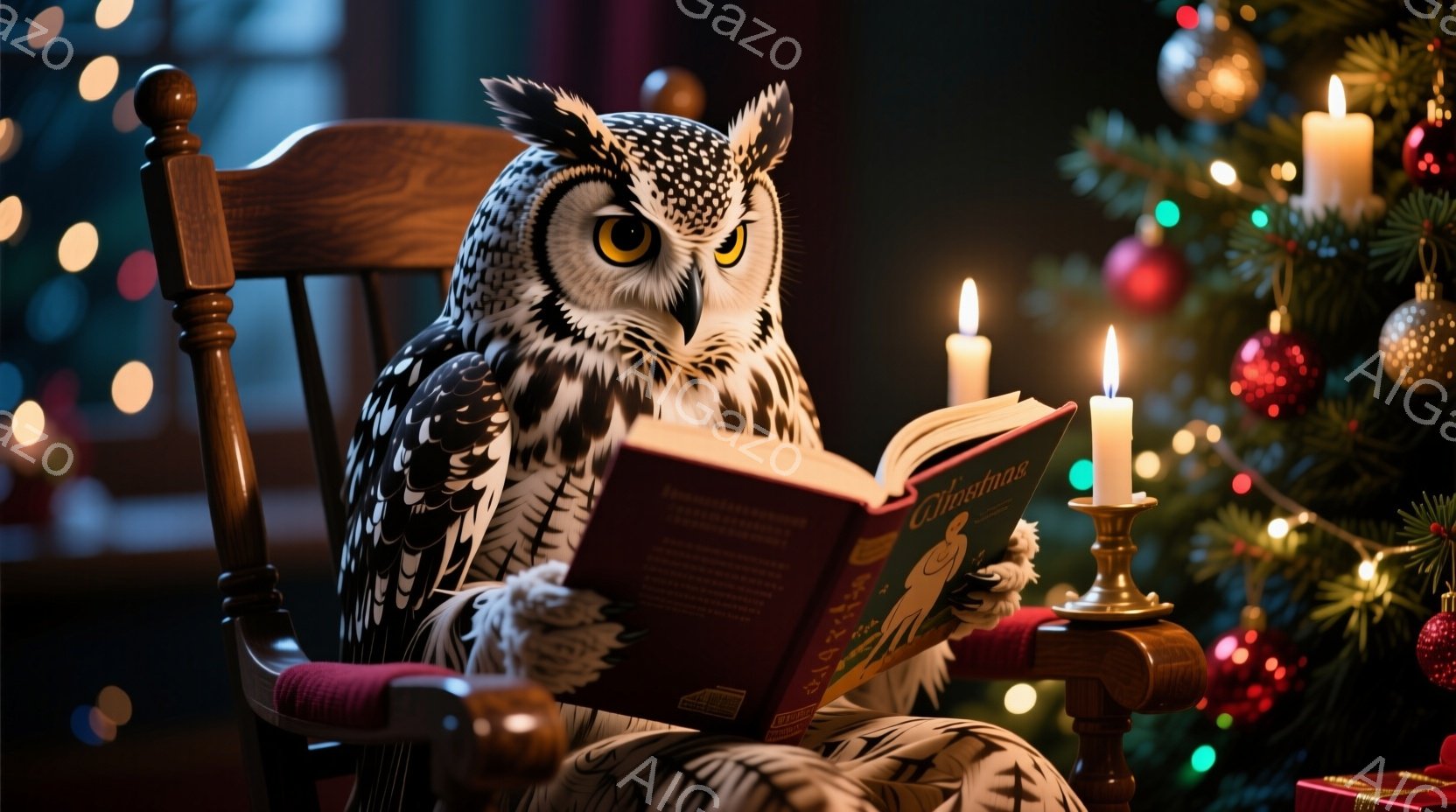 大きなフクロウが肘掛け椅子に座り、赤い表紙の開いた本を読んでいる様子が描かれています。背景にはクリスマスツリーが飾られ、キャンドルが灯り、温かく幻想的な雰囲気を醸し出しています。フクロウはリラックスした姿勢で、読書に集中している表情です。