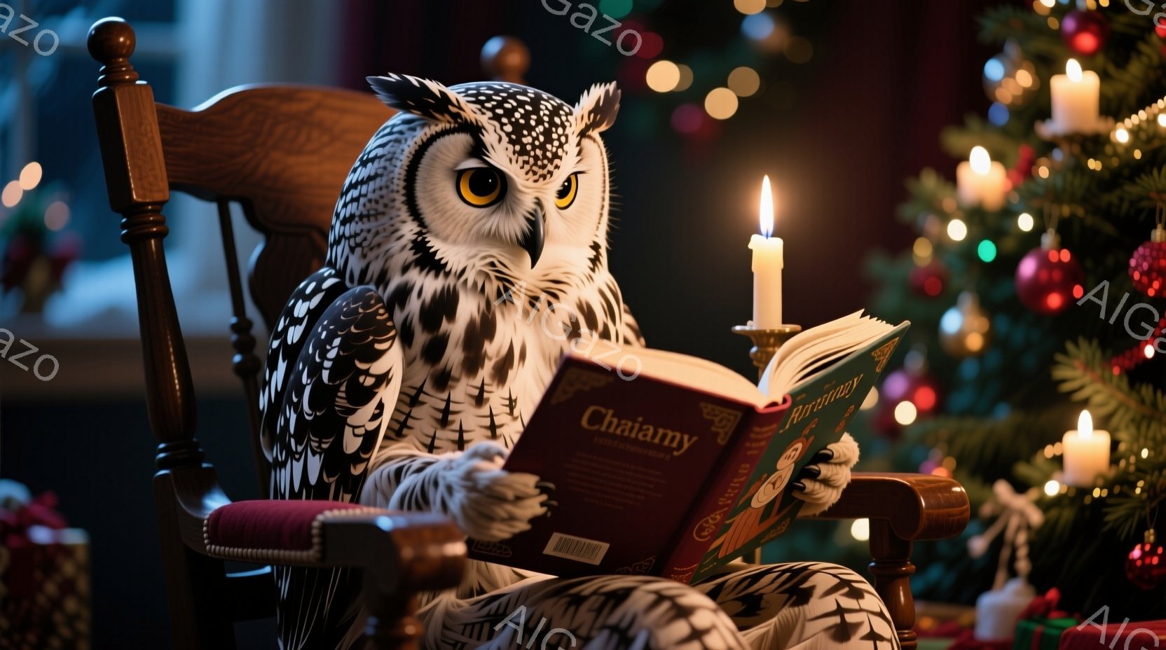 白いフクロウが、赤い椅子に座って本を読んでいます。フクロウは花柄のパジャマを着ており、真剣な表情で読書に集中しています。背景には、クリスマスツリーやキャンドルが飾られており、暖かく幻想的な雰囲気が漂っています。