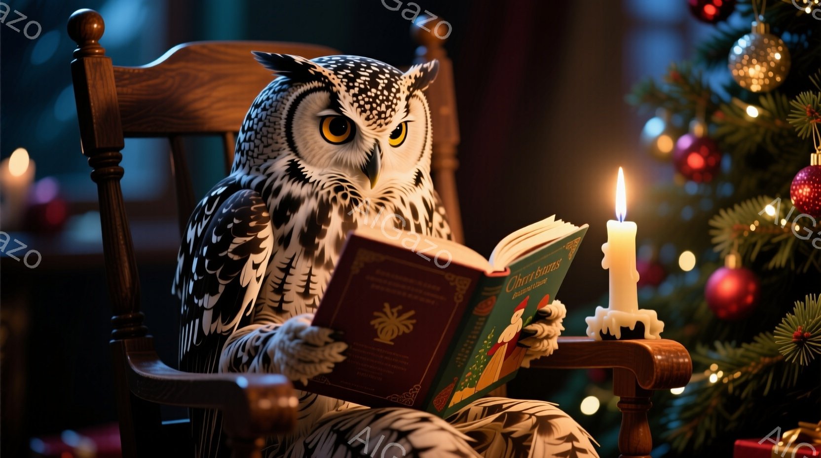 白いフクロウが肘掛け椅子に座り、赤い表紙の大きな本を読んでいる。背景にはクリスマスツリーが飾られ、暖かく幻想的な雰囲気が漂っている。フクロウは赤いパジャマを着ており、読書に集中した穏やかな表情をしている。