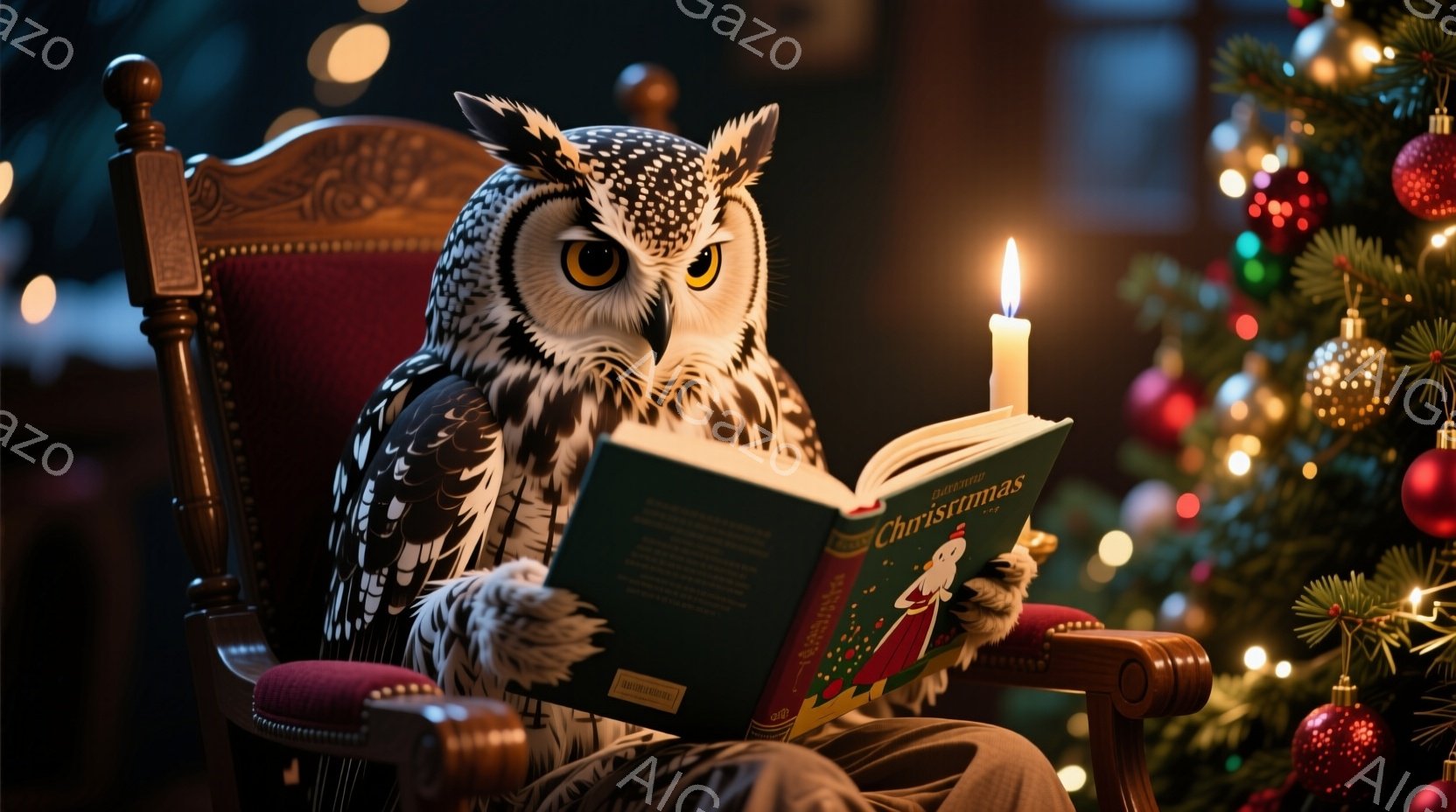 白いフクロウが、赤い椅子に座り、クリスマスをテーマにした本を読んでいます。フクロウは真剣な表情で本に集中し、周囲にはキラキラと輝くクリスマスツリーやキャンドルが配置されています。暖かく幻想的な雰囲気が - AI生成フリー素材