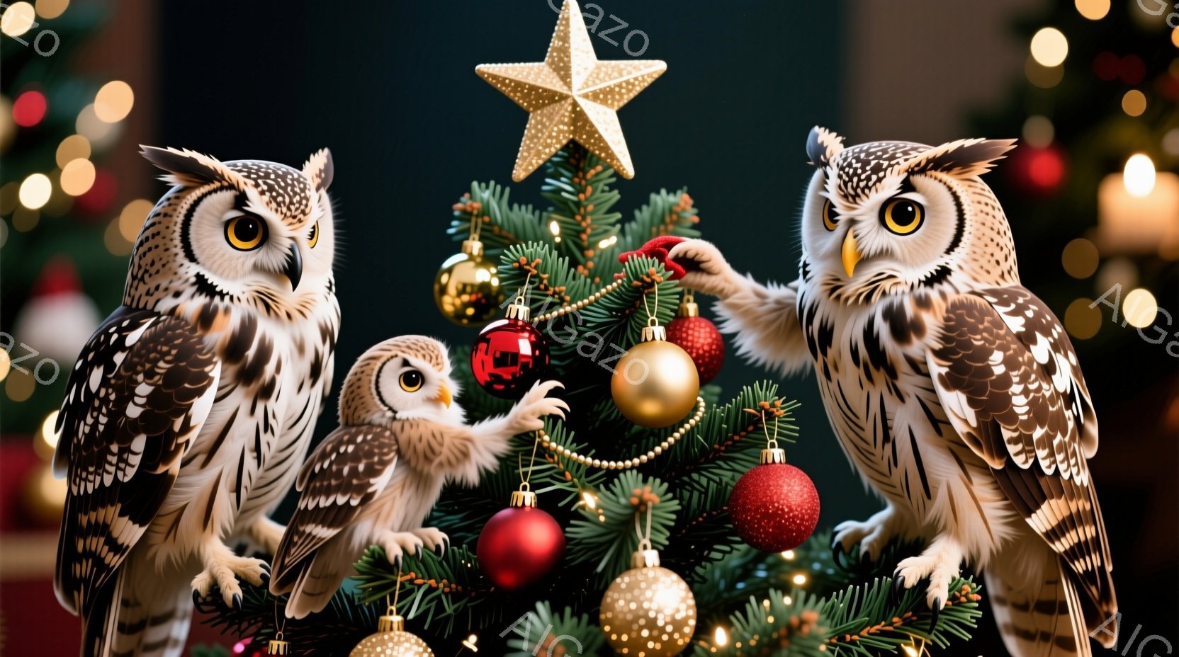 2羽のフクロウがクリスマスツリーの飾り付けをしている様子が描かれています。片方のフクロウは赤いオーナメントを、もう片方のフクロウは金色のオーナメントを注意深く取り付けており、その表情は真剣そのものです - AI生成フリー素材