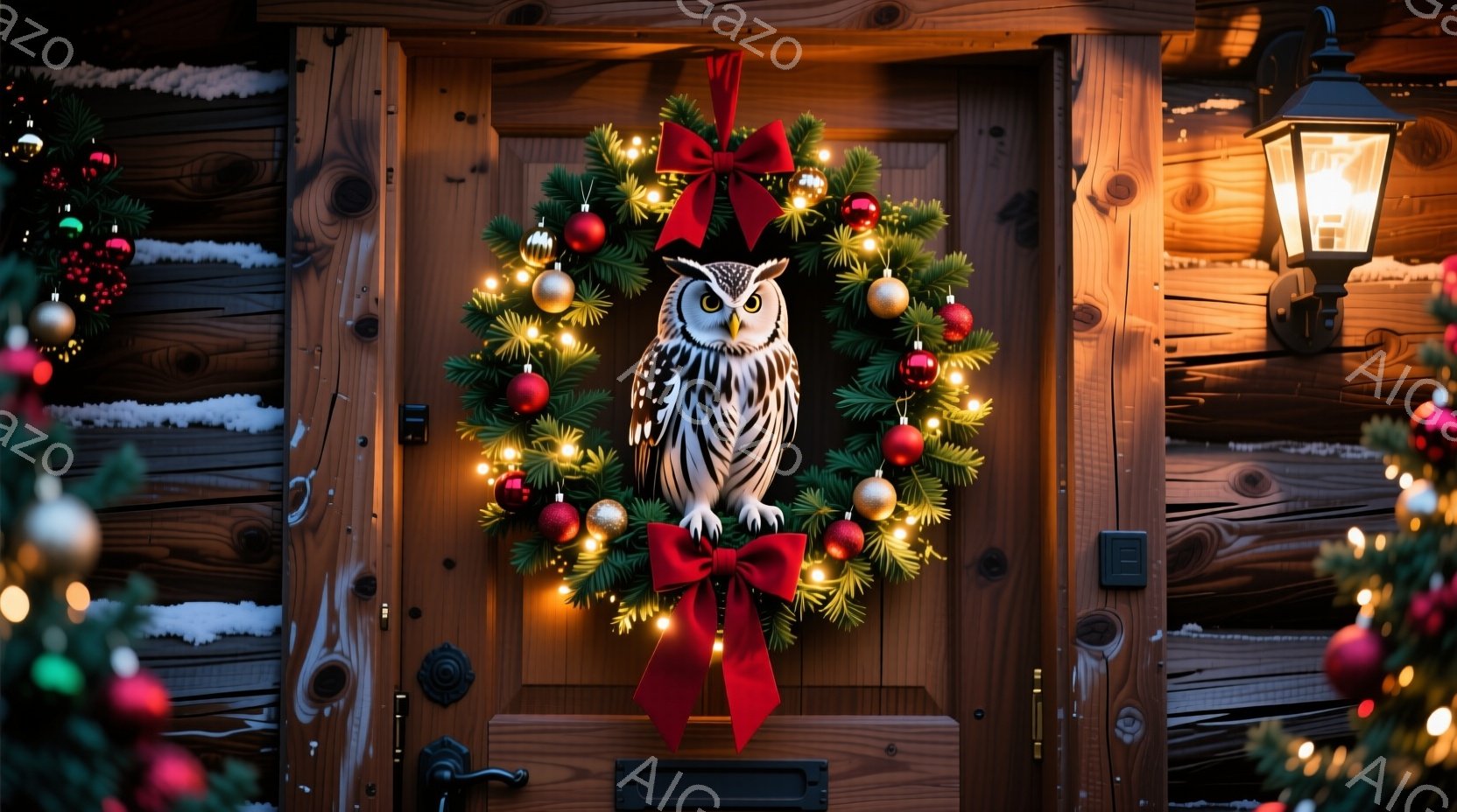 暖炉のような木のドアに、クリスマスリースが飾られています。リースは緑の葉と赤い実、そして可愛らしいフクロウの置物が特徴で、赤いリボンで華やかに飾られています。背景には雪が積もり、クリスマスツリーの明かりが灯り、温かくお祝いムードを漂わせています。