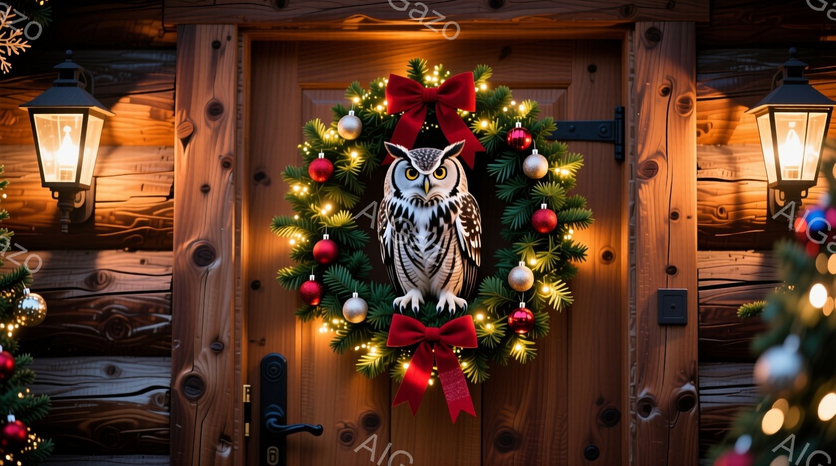 暖炉のような木製のドアに、クリスマスリースが飾られています。リースは常緑樹の葉でできており、赤いリボンと装飾ボールで飾られ、中央には白いフクロウが座っています。ドアの左右には点灯したランタンが設置され、背景にはぼやけたクリスマスツリーの光がちらついており、温かくお祝いムードに満ちた雰囲気です。