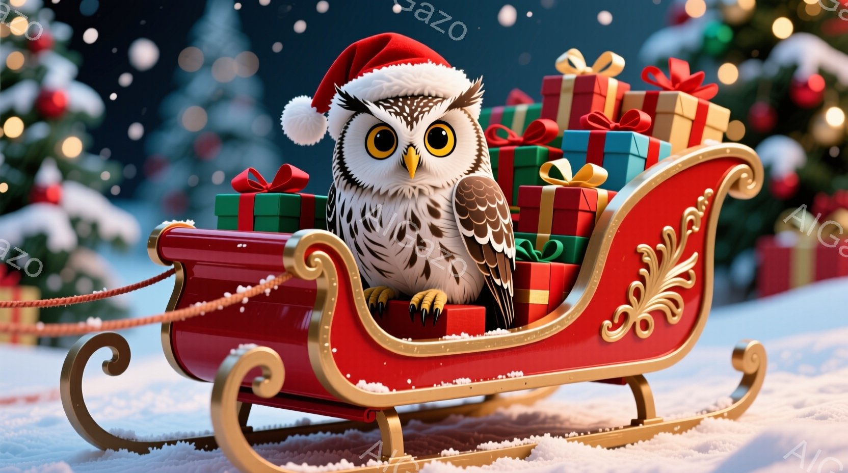 雪に覆われた地面に、赤いソリが置かれ、その中にフクロウが座っています。フクロウはクリスマス風の赤い帽子をかぶり、丸い目で前を見つめており、プレゼントの箱に囲まれています。背景にはぼやけたクリスマスツリ - AI生成フリー素材