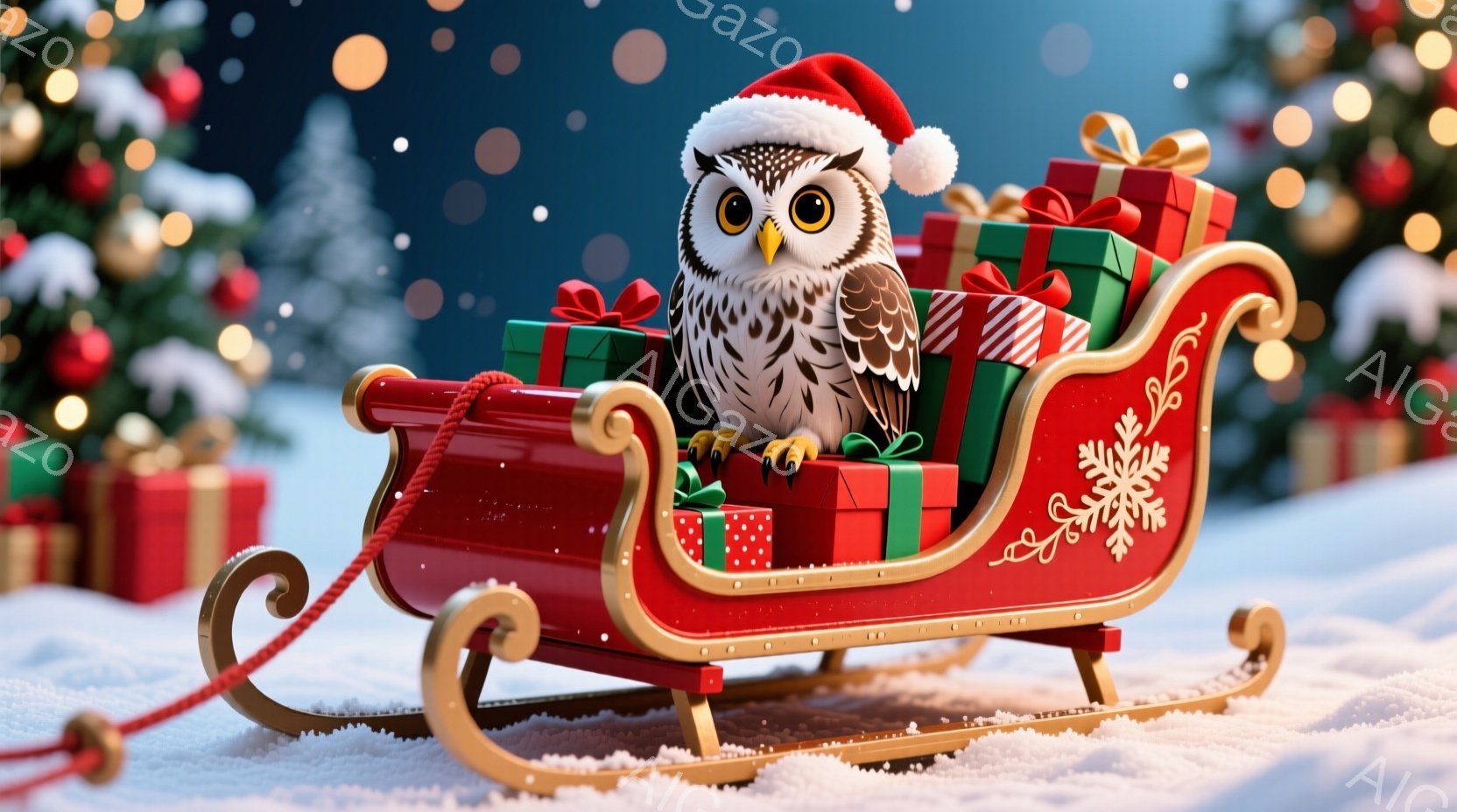 ふわふわの白いフクロウが、赤いそりに座ってクリスマスのプレゼントに囲まれています。フクロウは赤いサンタ帽をかぶり、丸い目で前を見つめており、そりは雪景色の中に置かれています。背景にはぼやけたクリスマス - AI生成フリー素材