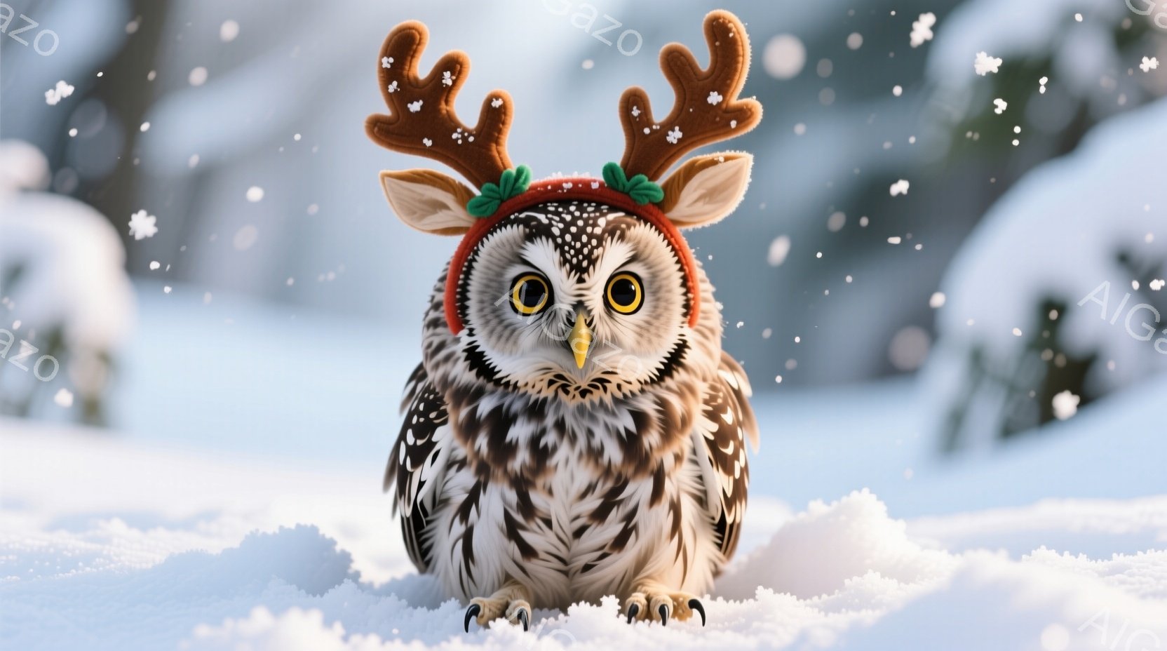白い雪の上に、クリスマス風の角飾りをつけたフクロウが正面を見つめている。フクロウは茶色の目と鋭い嘴を持ち、白と黒の模様が特徴的な羽毛で覆われている。背景は雪景色で、ぼやけた木々が見え、全体的に暖かく、お祝いの雰囲気が漂っている。