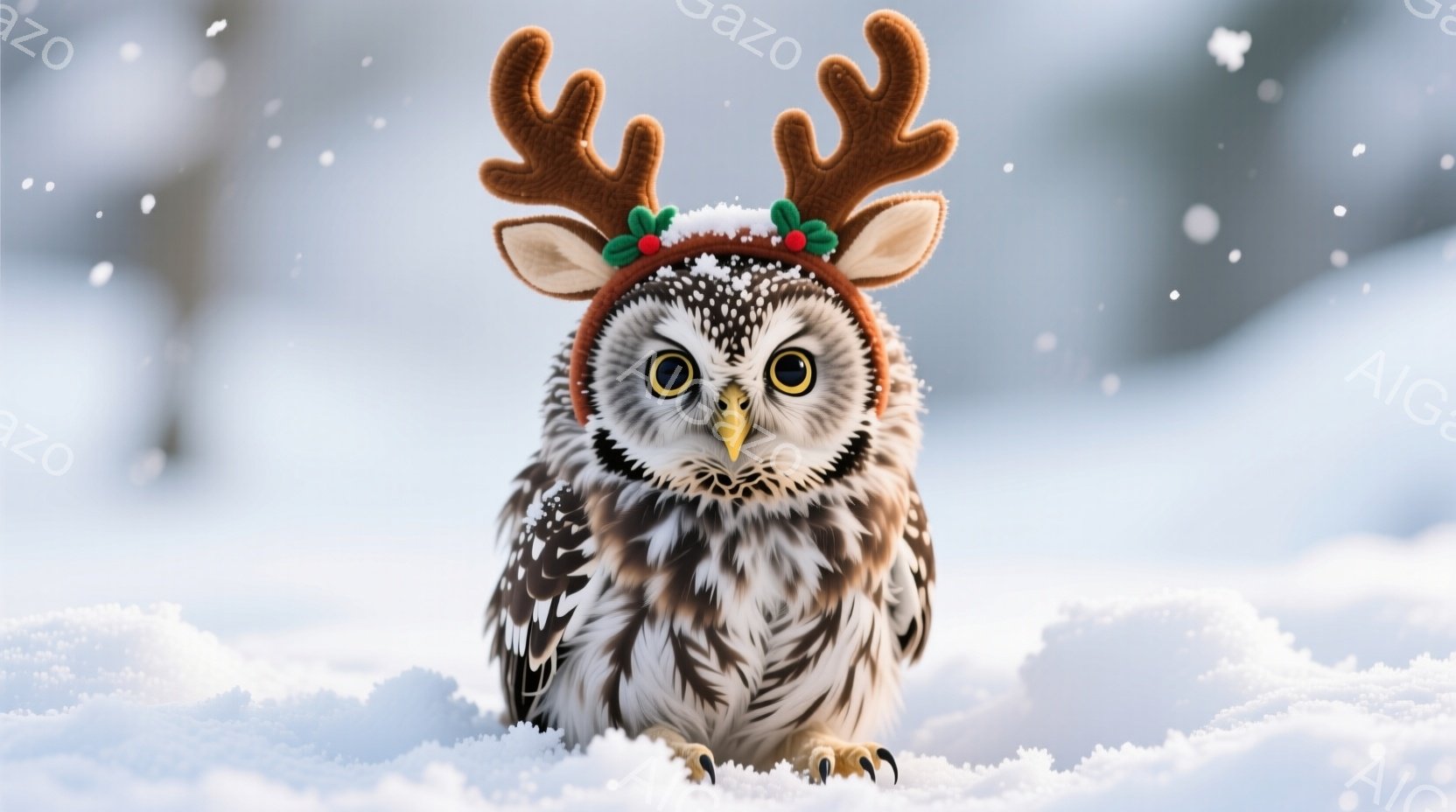 雪の上に座るフクロウが、クリスマス風の角飾りをつけて正面を見つめている。フクロウは白と黒の模様で、鋭い眼光を持ち、姿勢は堂々としている。背景は雪景色で、ぼやけた木々がわずかに見える、冬の静けさが感じられる雰囲気である。