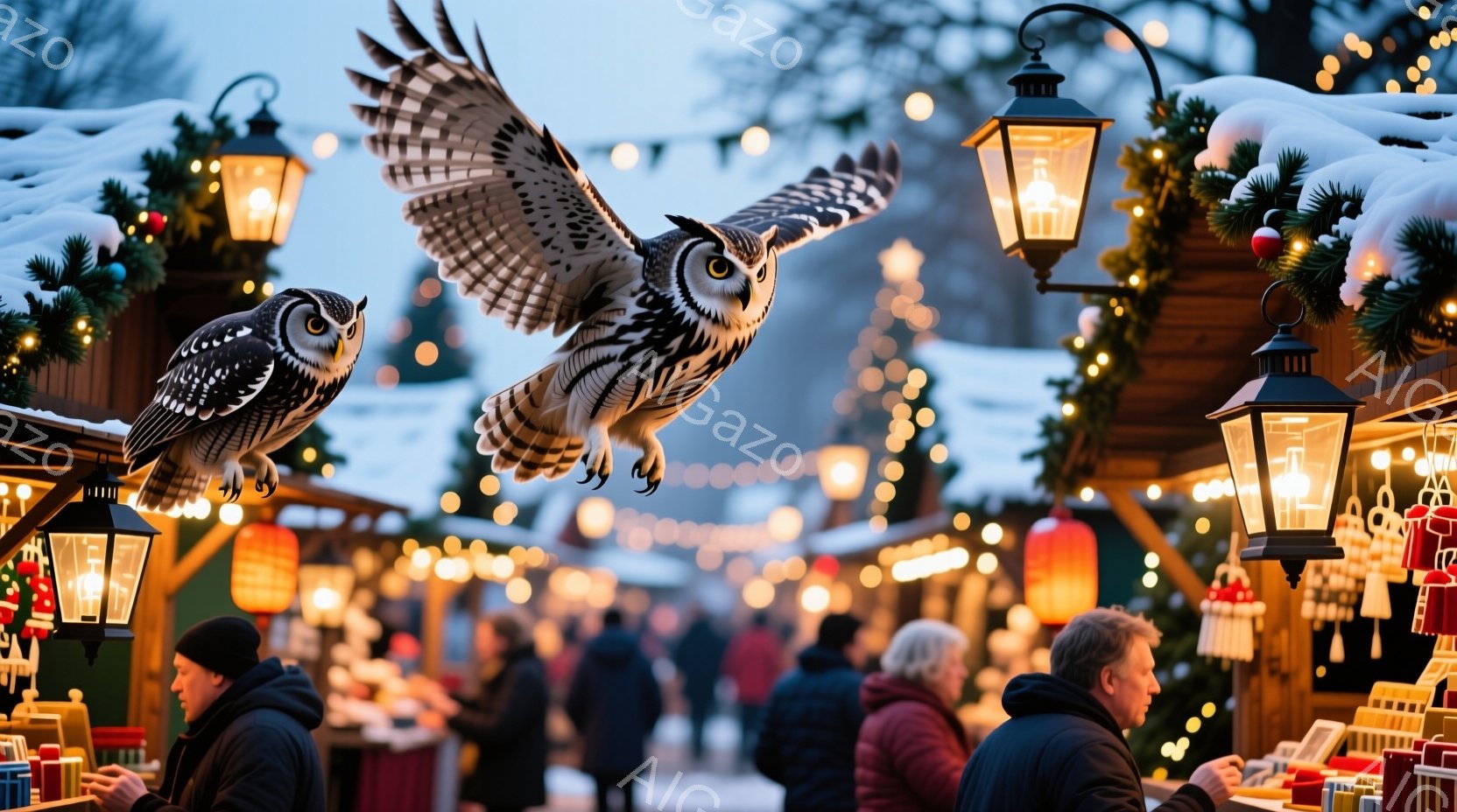 賑やかなクリスマスマーケットを背景に、翼を広げた猛禽類が飛び交っている様子が捉えられています。人々は冬の厚着を身に着け、マーケットの屋台を歩き回っており、温かい光が灯された装飾が冬の夜を照らしています。雪が降る中、活気があり、お祭り気分に満ちた光景で、背景には木々が見え、冬の寒さを感じさせます。