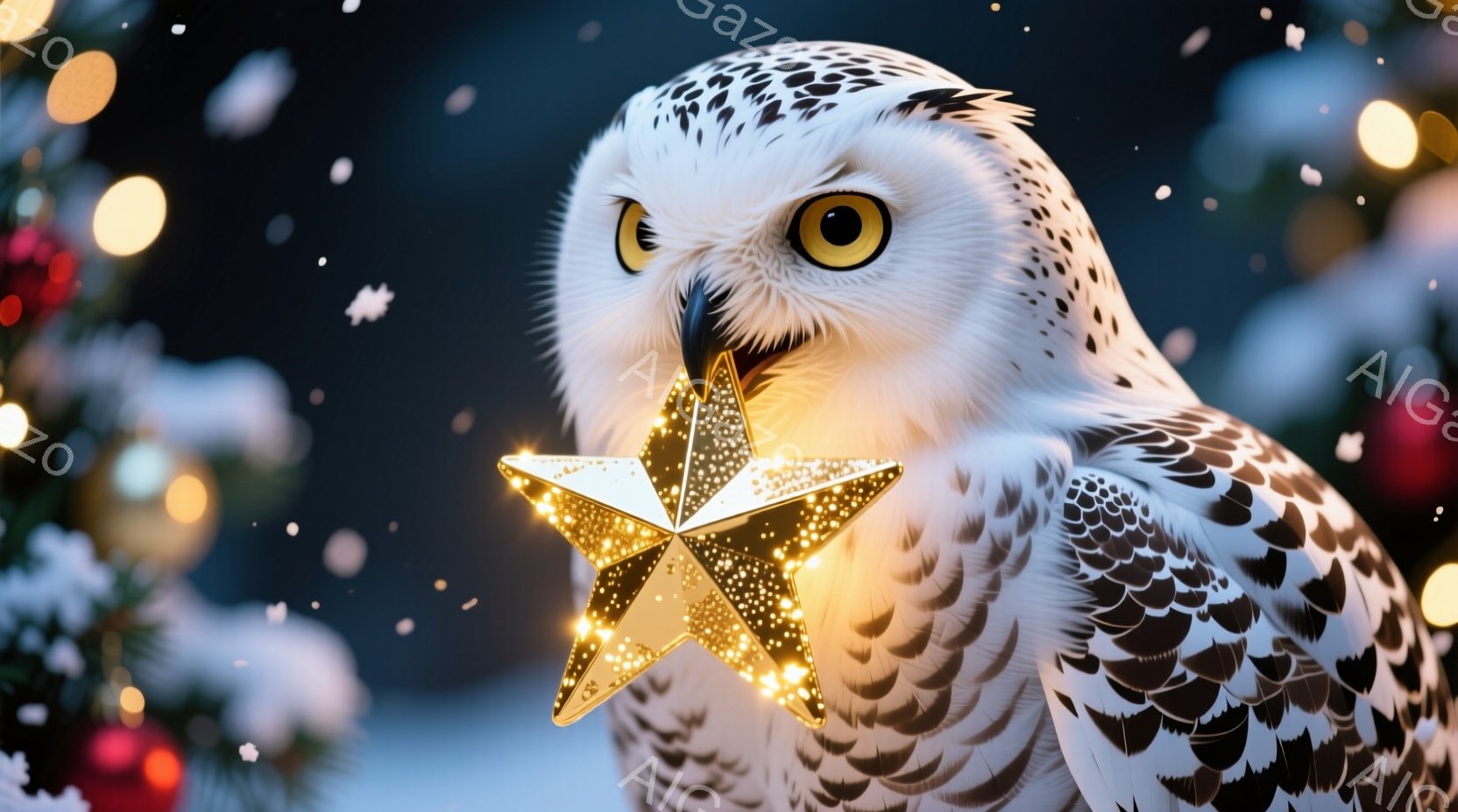 白いフクロウが金色に輝く星をくちばしで優しく挟んでいます。背景にはクリスマスの飾り付けが施された木があり、ぼんやりとした光が暖かく穏やかな雰囲気を醸し出しています。雪が舞い散る冬の夜を思わせる、幻想的で可愛らしい光景です。
