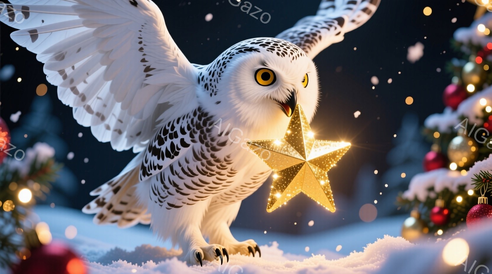 白いフクロウが雪の上に降り立ち、光り輝く金色の星を両翼で抱えています。背景にはぼやけたクリスマスツリーの装飾が散りばめられ、雪が舞う幻想的な冬の夜の雰囲気を醸し出しています。フクロウは顔を上げ、丸い瞳 - AI生成フリー素材