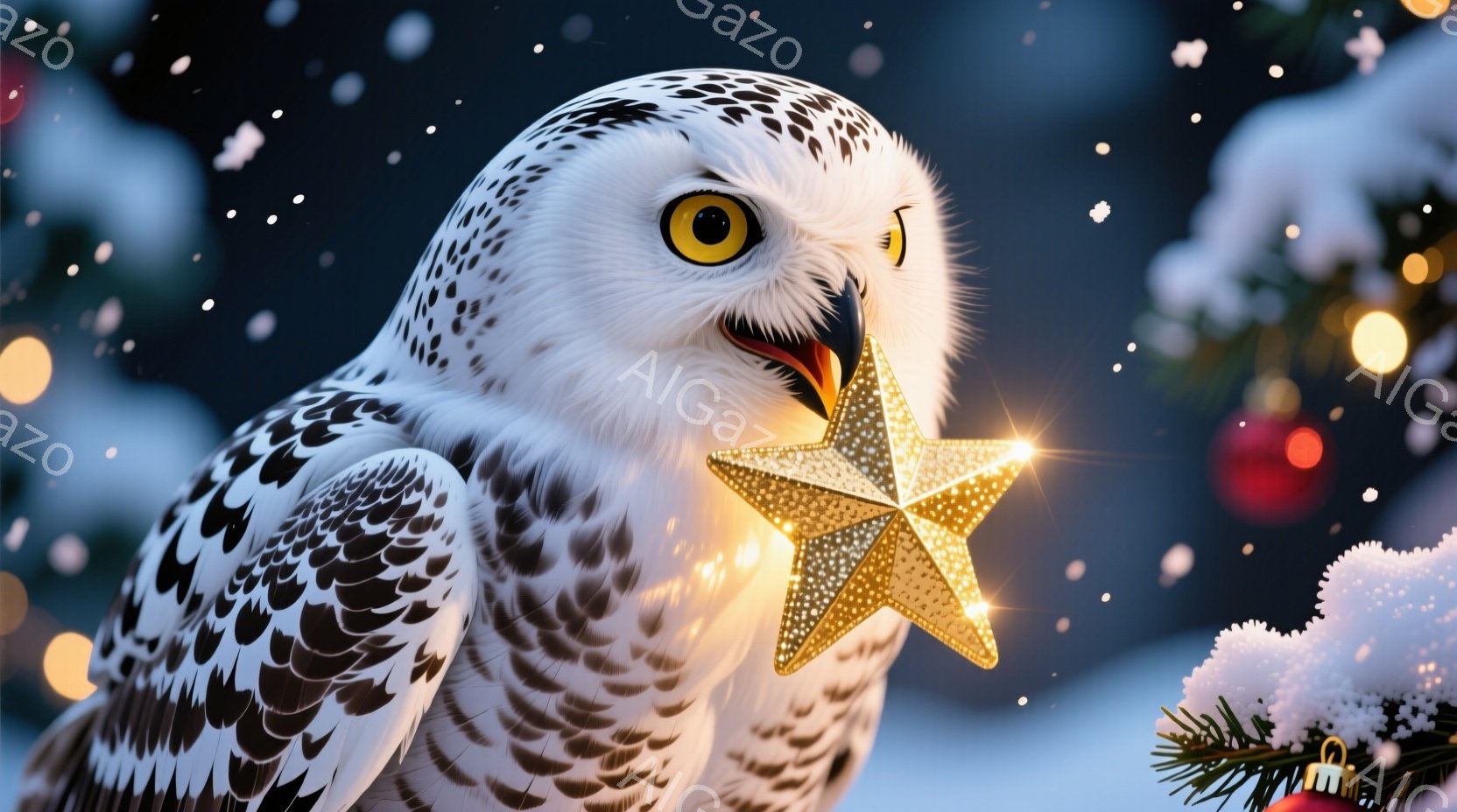 白いフクロウが画面の左側に大きく映っており、金色の星をくちばしで優しく掴んでいます。背景にはぼやけたクリスマスツリーの光と装飾が散りばめられ、雪が舞う冬の夜の暖かく幻想的な雰囲気を醸し出しています。フ - AI生成フリー素材