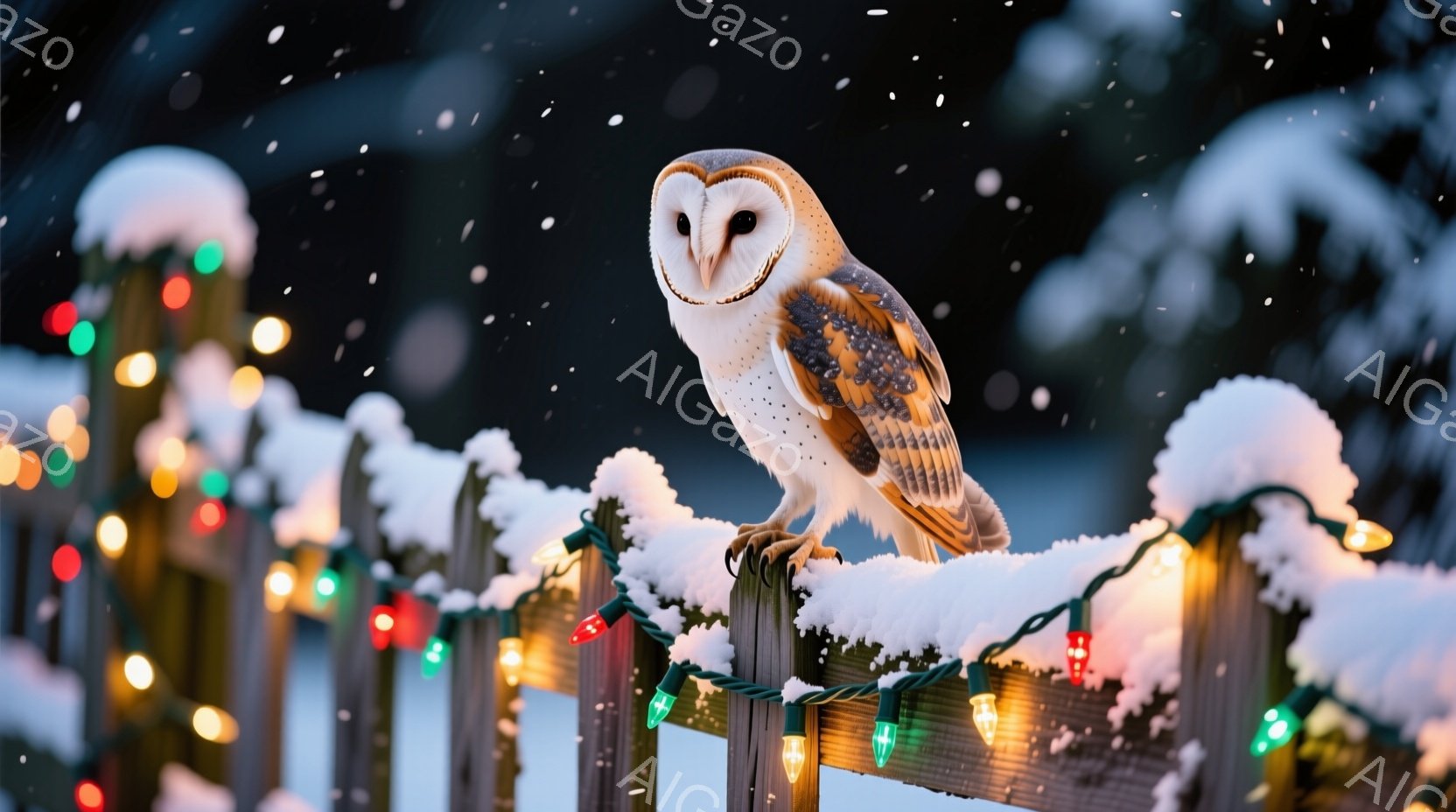 雪が舞う中で、白い顔と大きな目を備えたフクロウが、雪に覆われた木の柵にとまっている。カラフルなクリスマスライトが柵に巻き付けられており、冬の夜の暖かく幻想的な雰囲気を醸し出している。フクロウは静かに周 - AI生成フリー素材