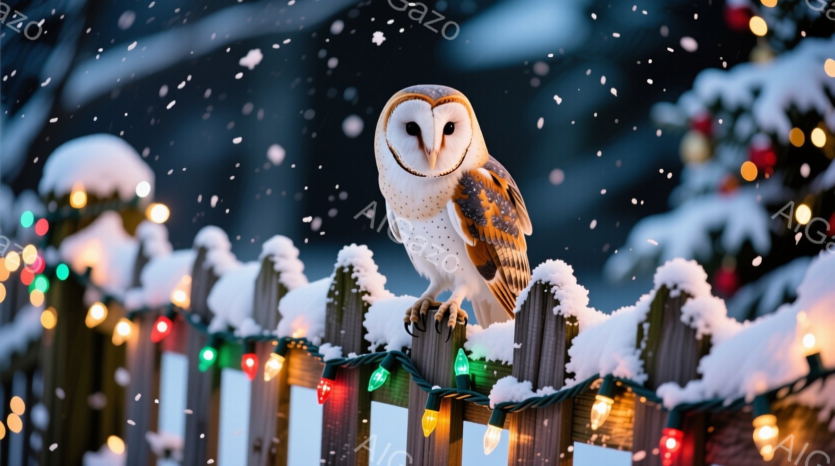 白い雪に覆われた木の柵の上に、美しいメンフクロウがとまっており、鋭い目つきでこちらを見ている。背景にはぼやけたクリスマスツリーと、カラフルなイルミネーションが飾られた柵が広がり、雪が舞い散る冬の夜の静寂な雰囲気を醸し出している。フクロウの羽は白と茶色の美しいコントラストを描き、冬の寒さの中、凛とした存在感を放っている。