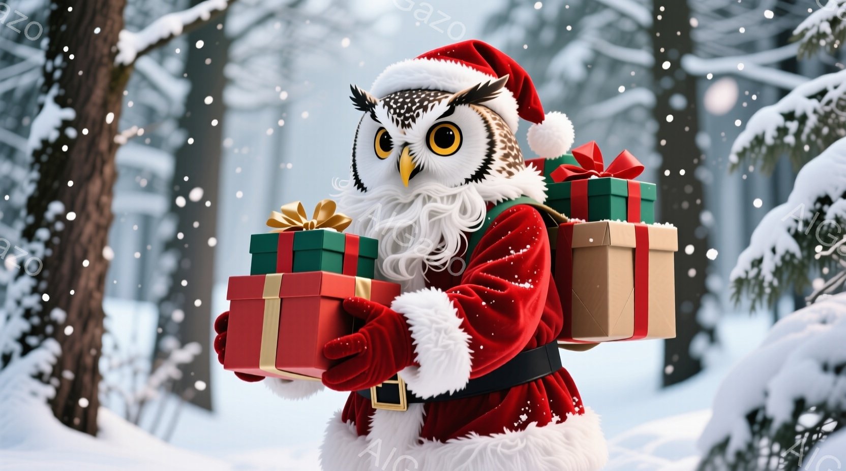 ふわふわの白い体毛と大きな瞳を持つフクロウが、赤いサンタクロースの衣装を身につけて立っています。彼は多くのプレゼントの箱を抱えており、白い髭と赤い帽子が冬の雰囲気をさらに引き立てています。背景には雪景 - AI生成フリー素材