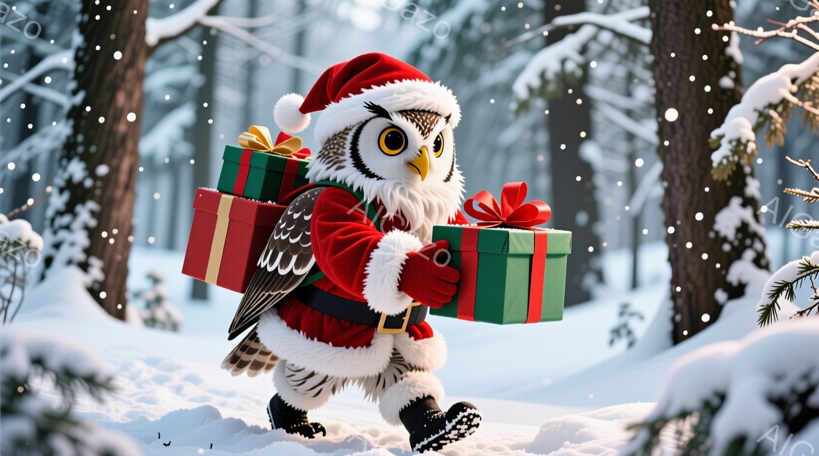 雪に覆われた森の中で、赤いサンタの衣装を着たフクロウが描かれています。フクロウは大きな緑色のプレゼントを背負い、黒いブーツを履いて雪の中を歩いています。背景には雪に覆われた木々が立ち並び、穏やかで幻想 - AI生成フリー素材