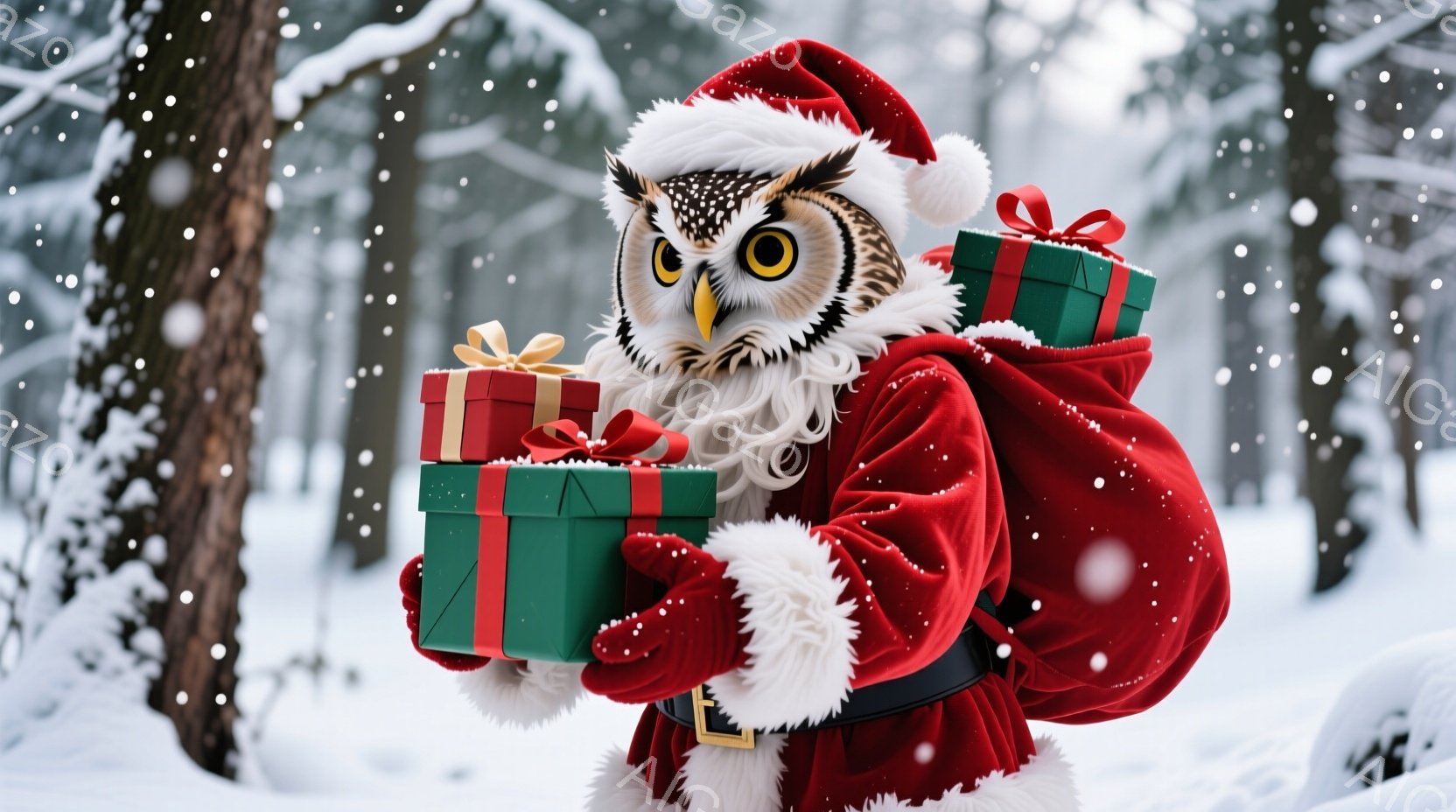 ふわふわの白い羽毛に、赤いサンタクロースの衣装を着たフクロウが描かれています。プレゼントの箱を2つ抱え、背中にはたくさんのプレゼントが入った大きな袋を背負っています。背景は雪に覆われた森林で、雪が舞い - AI生成フリー素材