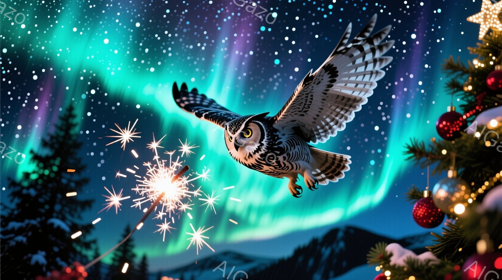 白いフクロウが、緑と紫のオーロラと雪の降る冬の風景の中で飛んでいる様子が描かれています。背景には、クリスマスツリーの飾りと、点在する光の粒子があり、幻想的な雰囲気を醸し出しています。フクロウは翼を広げ - AI生成フリー素材