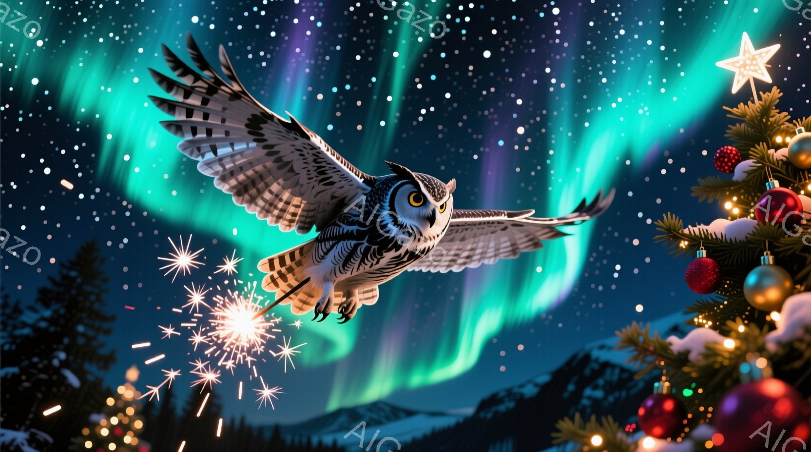 鮮やかなオーロラが夜空を彩り、翼を広げたフクロウが力強く飛び去る様子が描かれています。画面右側には、装飾が施されたクリスマスツリーが立ち、雪景色が広がる山々が背景にぼんやりと見えます。全体として、幻想 - AI生成フリー素材