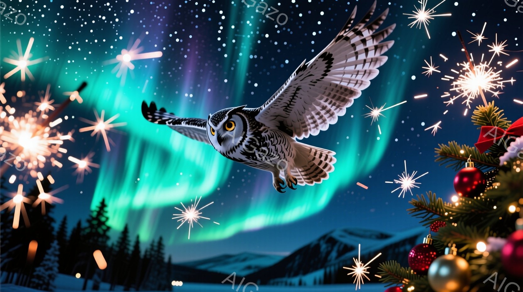白いフクロウが夜空を舞っており、背景にはオーロラと雪に覆われた山々が広がっています。クリスマスの飾り付けがされたクリスマスツリーが右側に配置され、夜空にはきらめく星や花火が散りばめられています。全体的 - AI生成フリー素材