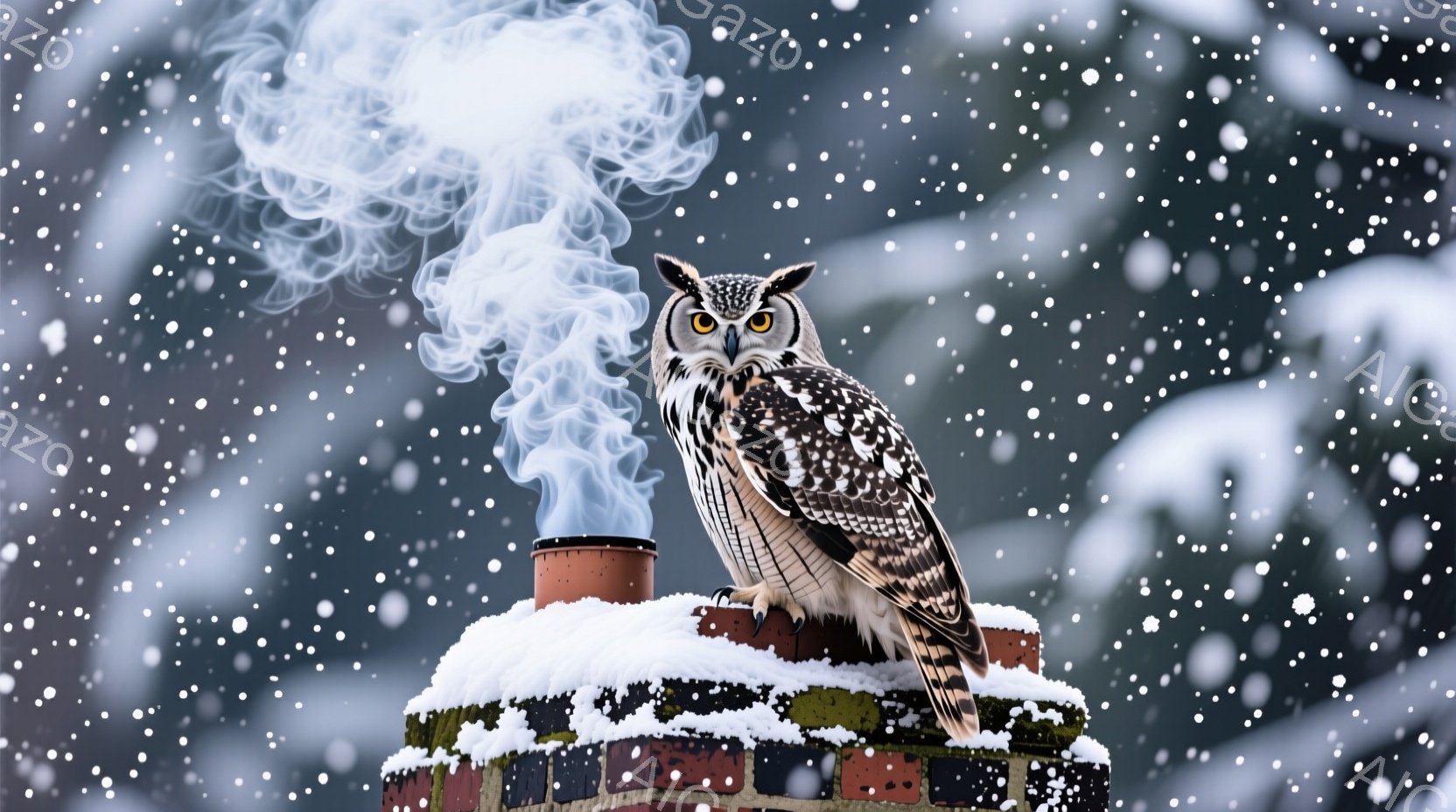 雪が舞う寒い日に、レンガ造りの煙突の上に大きなフクロウが止まっています。フクロウは鋭い眼光で前を見据え、白い雪と煙突の雪に覆われた縁が、冬の静寂と厳しさを強調しています。白い煙が煙突から立ち上り、雪景色に暖かさと生命の兆しを加えます。