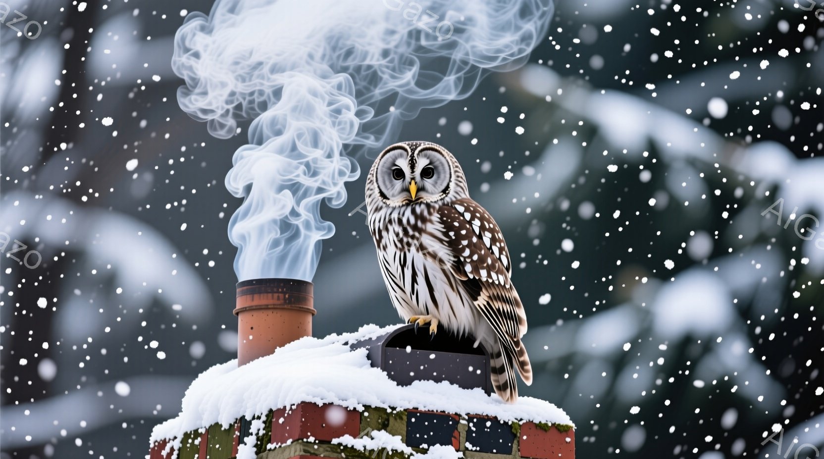 ふわふわの雪が舞う冬の日に、レンガ造りの煙突の上に大きなフクロウがとまっており、あたりは白銀の世界です。フクロウは鋭い眼差しで何かを見つめ、冬の寒さに耐えながら静かに姿勢を保っています。煙突からは暖かな煙が立ち上り、寒々とした景色に温かさを添えています。
