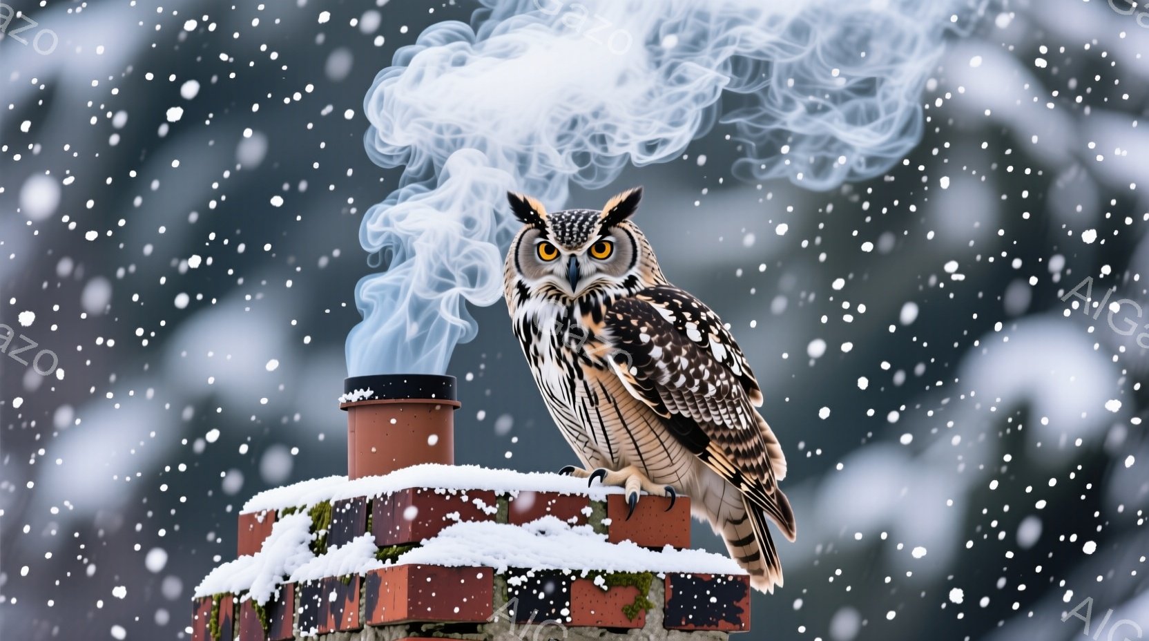 雪が降る中で、レンガ造りの煙突の上に大きなフクロウが止まっています。フクロウは鋭い眼差しで前方を見つめ、羽毛は茶色と白の美しい模様で覆われています。煙突には雪が積もり、背景はぼやけた冬景色で、寒さと静けさを感じさせます。