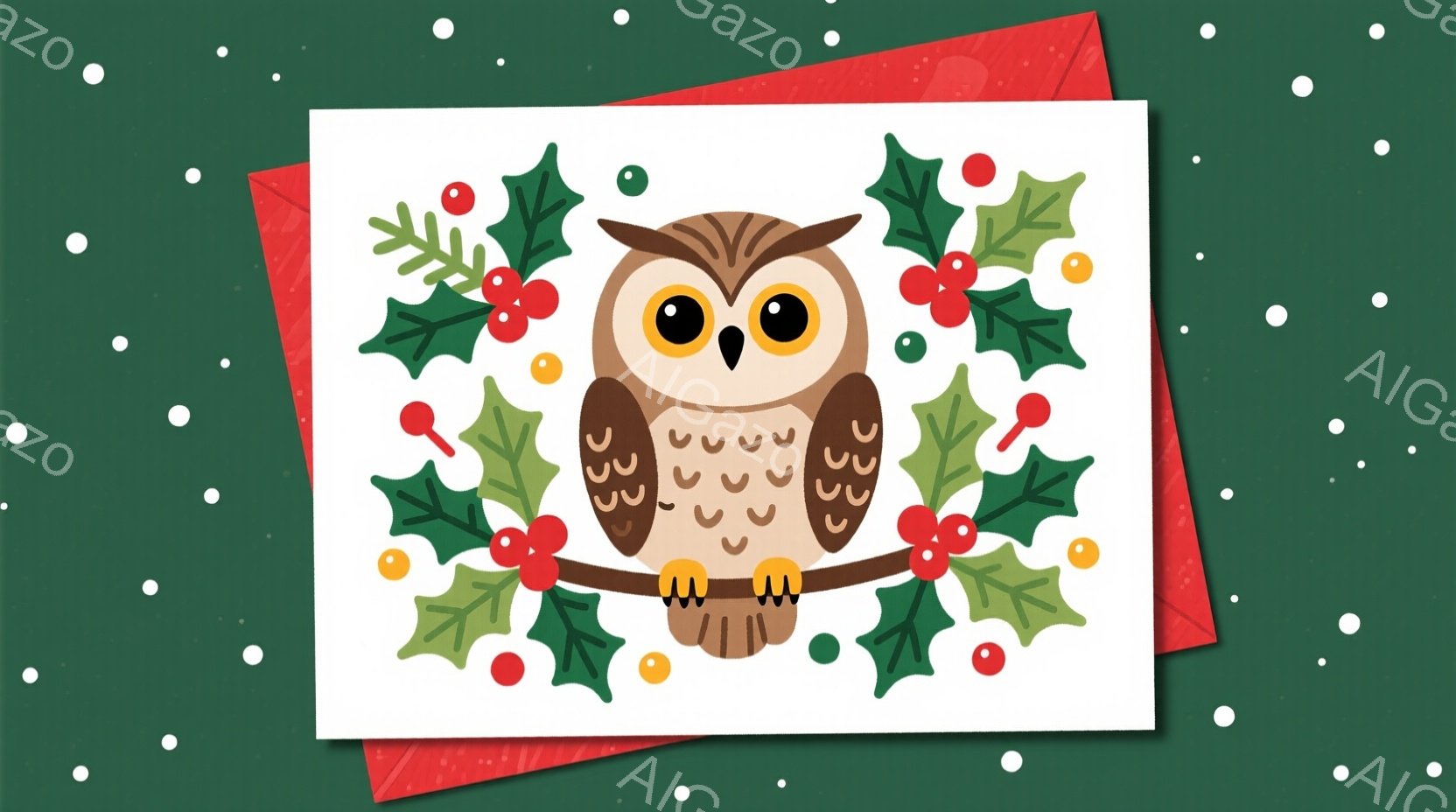 白地に可愛らしいフクロウが描かれたグリーティングカードで、背景は深緑色、カードの縁は赤色です。フクロウは丸みを帯びたフォルムで、大きな目と、控えめな微笑みを浮かべており、周りには赤い実と緑の葉が飾り付けられています。全体的に温かく、お祝いの雰囲気が漂うデザインです。