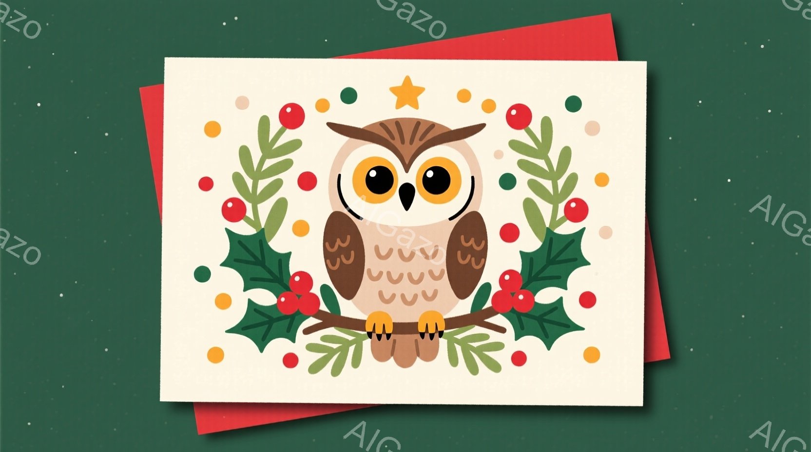 温かみのあるクリーム色の背景に、可愛らしいフクロウが描かれています。フクロウは丸い大きな目と、控えめな笑顔で、赤い実と緑の葉っぱで飾られた枝に腰掛けており、全体的にホリデーシーズンらしい、明るく楽しい雰囲気を醸し出しています。赤い封筒のような背景が、カードやイラストレーションのようにも見えます。