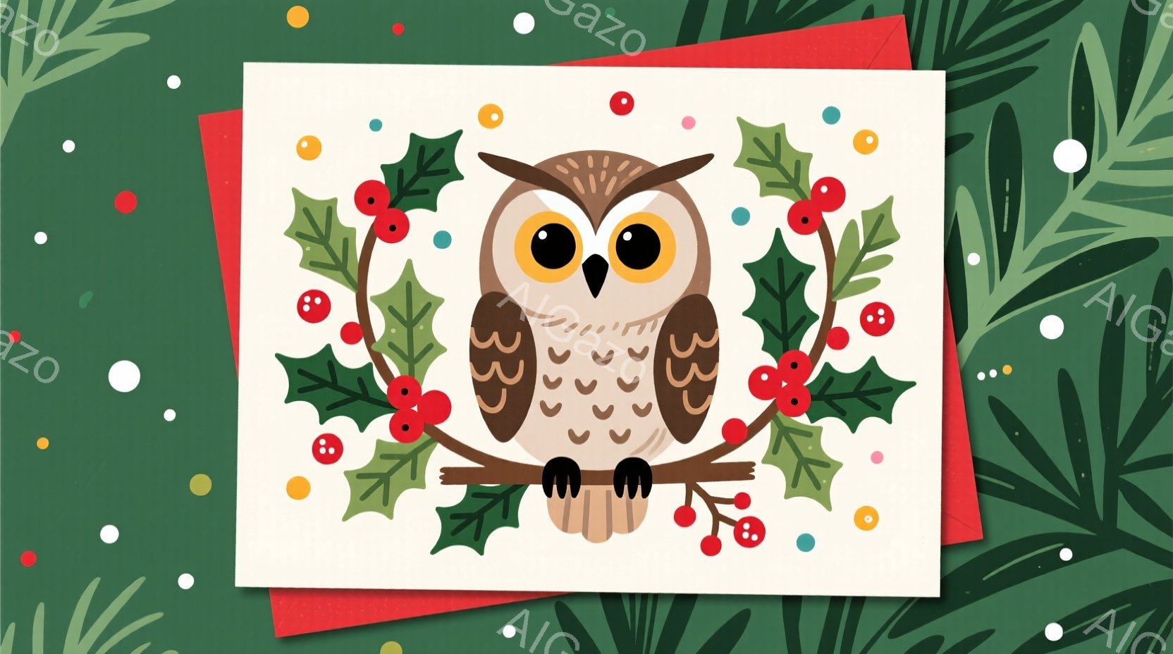 温かみのあるイラストで、可愛らしいフクロウが描かれています。フクロウは茶色と白の羽を持ち、大きな目で枝にとまっており、クリスマスの飾りである赤い実と緑の葉で囲まれています。背景は深緑色で、小さな水玉模様が散りばめられており、全体的にほっこりとしたクリスマスの雰囲気を醸し出しています。