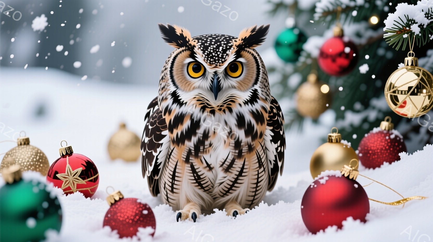 雪の上に大きなフクロウが座っており、周囲には様々な色のクリスマスオーナメントが散らばっています。フクロウは正面を向き、鋭い眼光でこちらを見ており、茶色と白の美しい羽毛が特徴的です。背景にはクリスマスツリーの緑が少し見え、雪が舞う冬の静かで幻想的な雰囲気を醸し出しています。