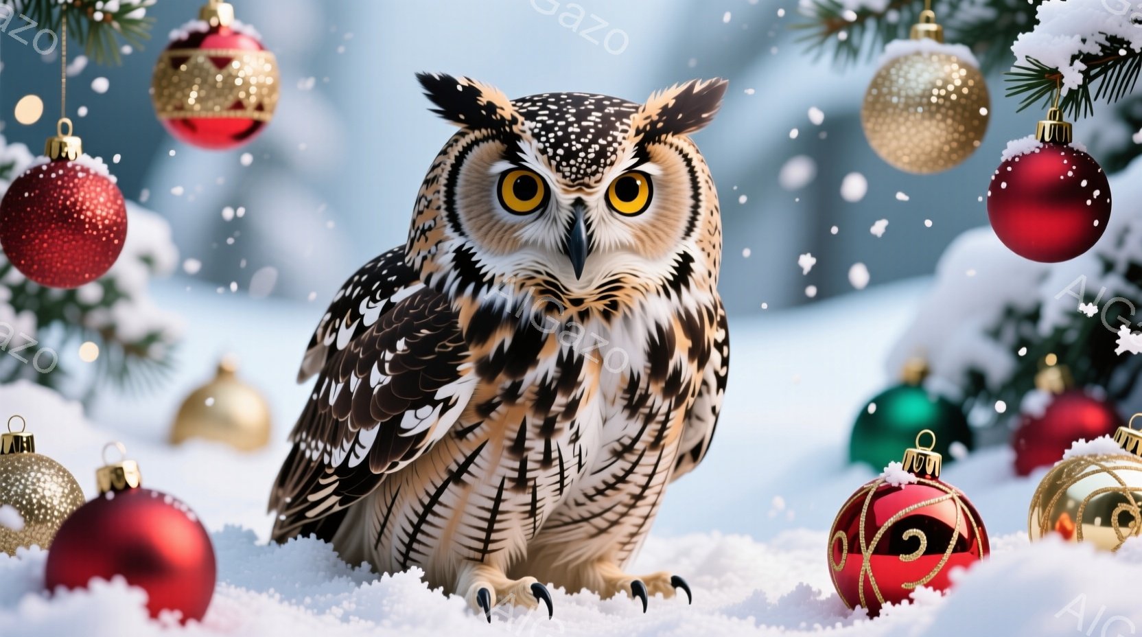 雪景色の中に、大きなフクロウが立っている。鮮やかな赤、金、緑のクリスマスオーナメントが雪の上に散らばっており、冬のホリデーシーズンを連想させる。フクロウは鋭い眼光で正面を見据え、力強い爪を雪の上にしっかりと踏みしめている。