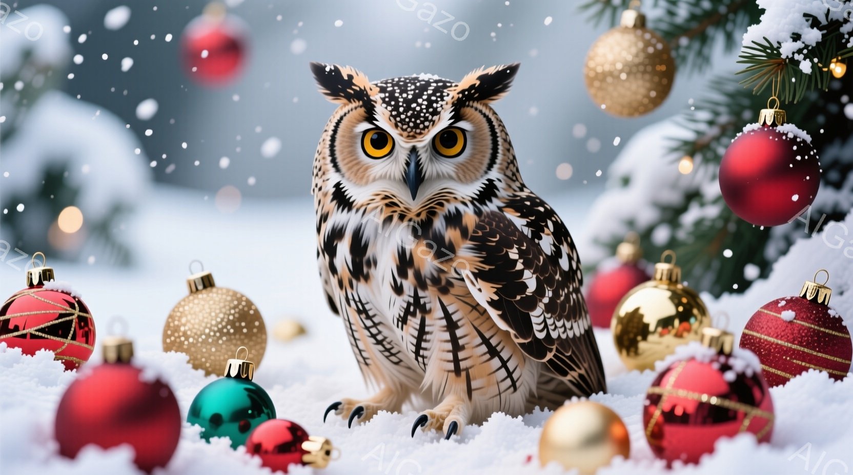 鮮やかな装飾が散りばめられた雪景色の中に、大きなフクロウが立っている。フクロウは鋭い眼差しで正面を見据え、茶色と白の美しい羽毛が特徴的だ。背景にはぼやけた緑の木々と、輝くオーナメントが散りばめられ、冬 - AI生成フリー素材
