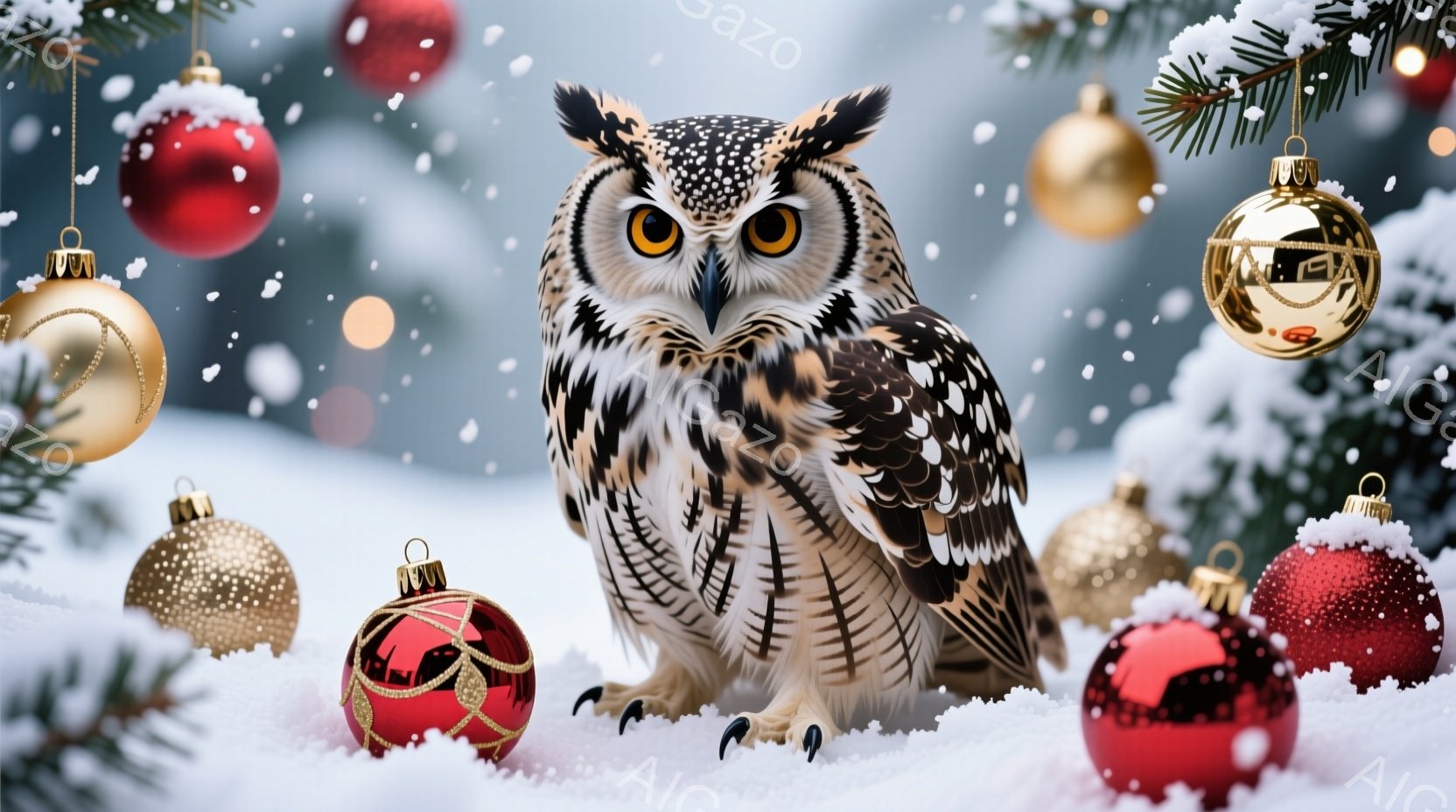雪景色の中に、大きなフクロウが立っている。フクロウは鋭い眼差しで正面を見つめ、茶色と白の美しい羽毛が特徴的だ。背景には赤いクリスマスオーナメントが散りばめられ、雪が舞い散る冬の静謐な雰囲気が漂う。