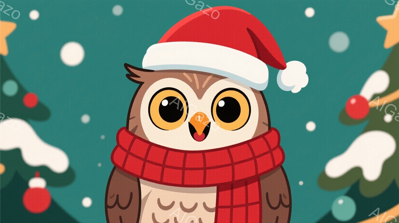 ふくろうが赤いサンタの帽子とマフラーを身につけています。つぶらな瞳と開いた口元が可愛らしい表情を作り出しています。背景にはクリスマスツリーや雪が散りばめられ、暖かくお祝いムード満点の雰囲気です。 - AI生成フリー素材