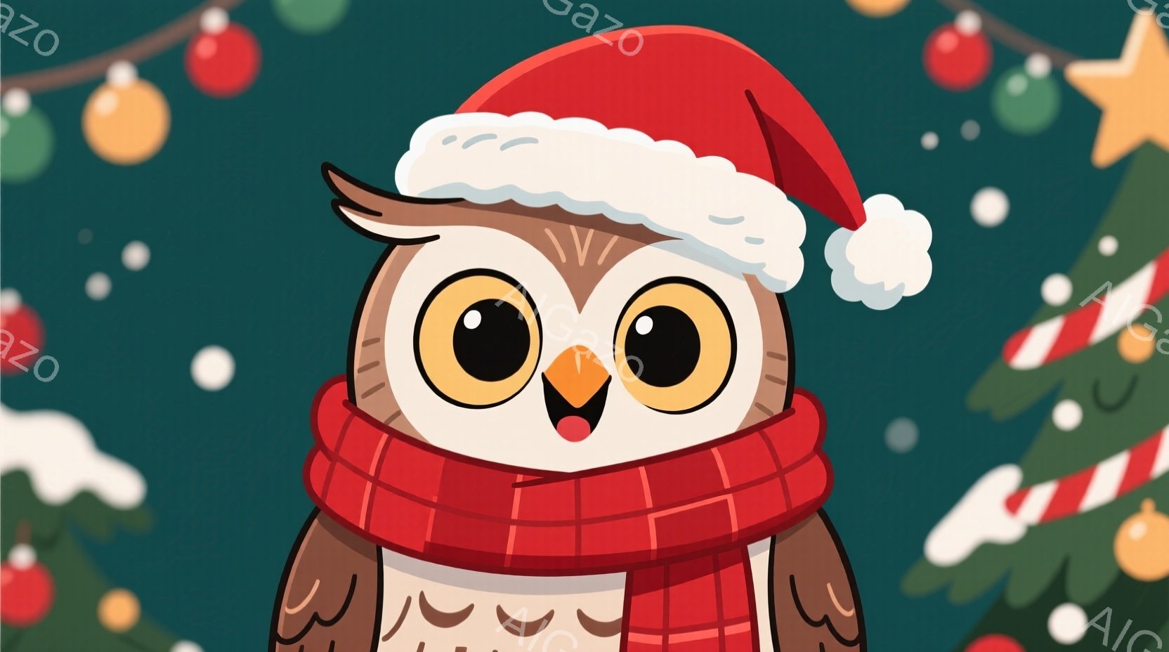 ふくろうがクリスマス風の服装をしています。赤いサンタの帽子と赤いストライプの首巻きを身に着けており、嬉しそうな表情で口を開けています。背景には緑色の木と雪の結晶が散りばめられており、全体的に温かくお祝 - AI生成フリー素材