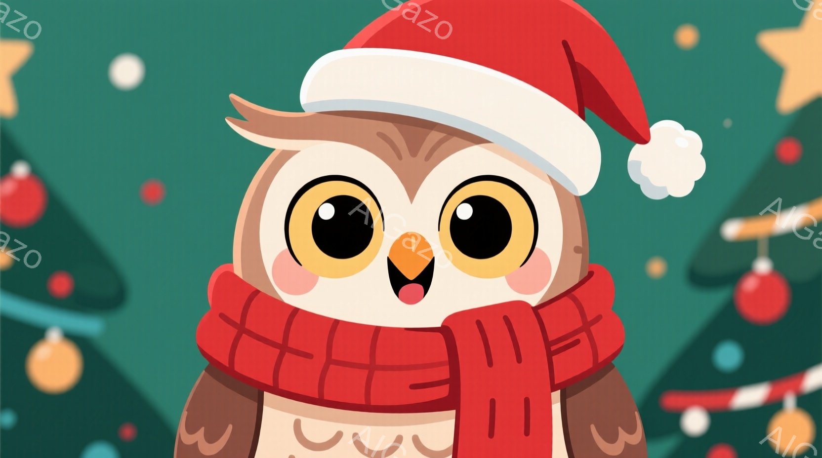 明るい茶色のフクロウが、赤いサンタの帽子と赤いマフラーを身に着けて、正面を見つめています。大きな目と開いた口は、喜びと楽しさを表現しており、背景にはクリスマスのオーナメントや緑色の木々が配置されていま - AI生成フリー素材