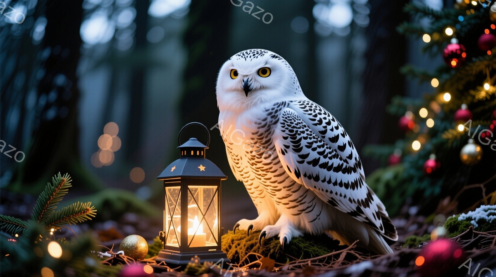 白いフクロウが苔むした切り株の上に静かに座っており、その姿は冬の森の神秘的な雰囲気を醸し出しています。ランタンの温かい光がフクロウを照らし、背景にはぼんやりとクリスマスツリーの飾りが見え、季節の暖かさを感じさせます。周囲には落ち葉や赤い実が散らばり、冬の静寂と自然の美しさが共存しています。