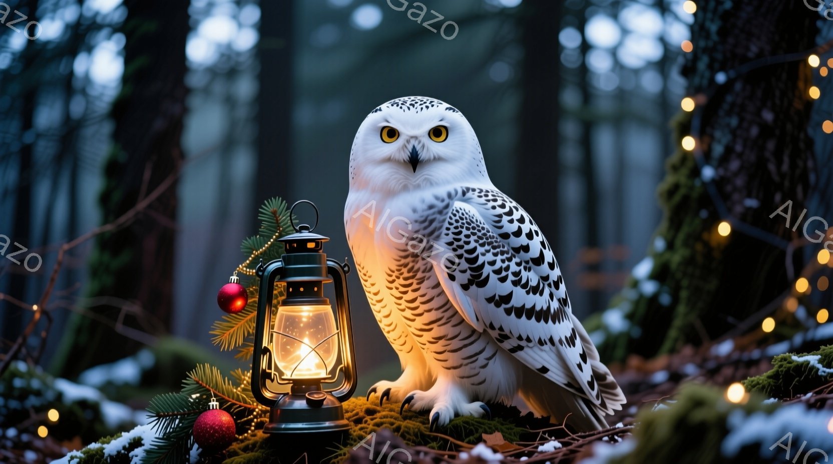 白いフクロウが緑の苔の上に座っており、その隣には点灯したランタンが置かれている。背景は冬の森で、木々が密集し、小さな赤いオーナメントと光のストリングが飾られている。 全体的に、暖かく幻想的な冬の雰囲気 - AI生成フリー素材