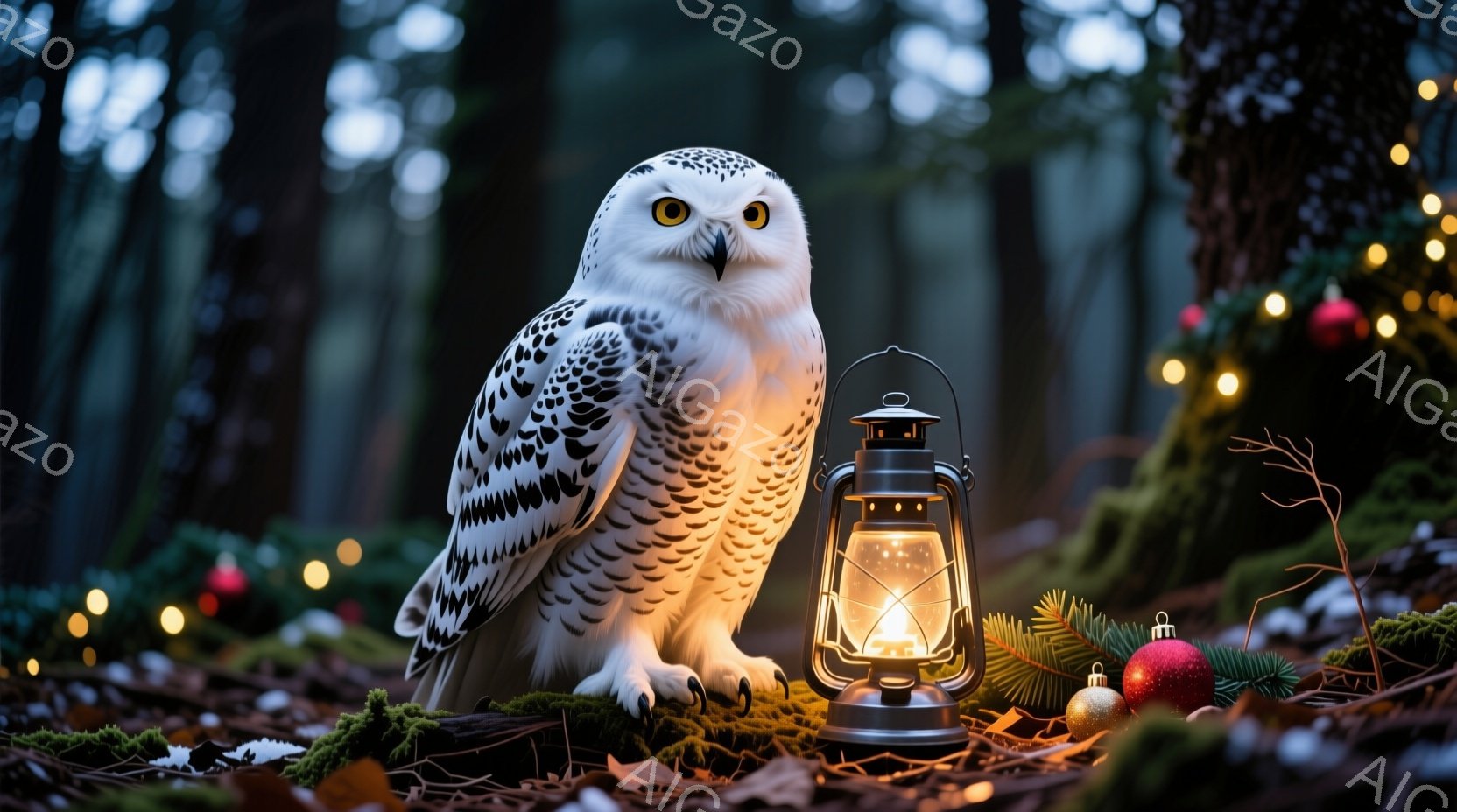 白いフクロウが落ち葉の上に堂々と立っており、鋭い黄色い目でこちらを見つめています。フクロウの隣には灯油ランタンが置かれ、暖かい光を放ち、背景にはクリスマスツリーの飾りとわずかな雪が散りばめられています - AI生成フリー素材