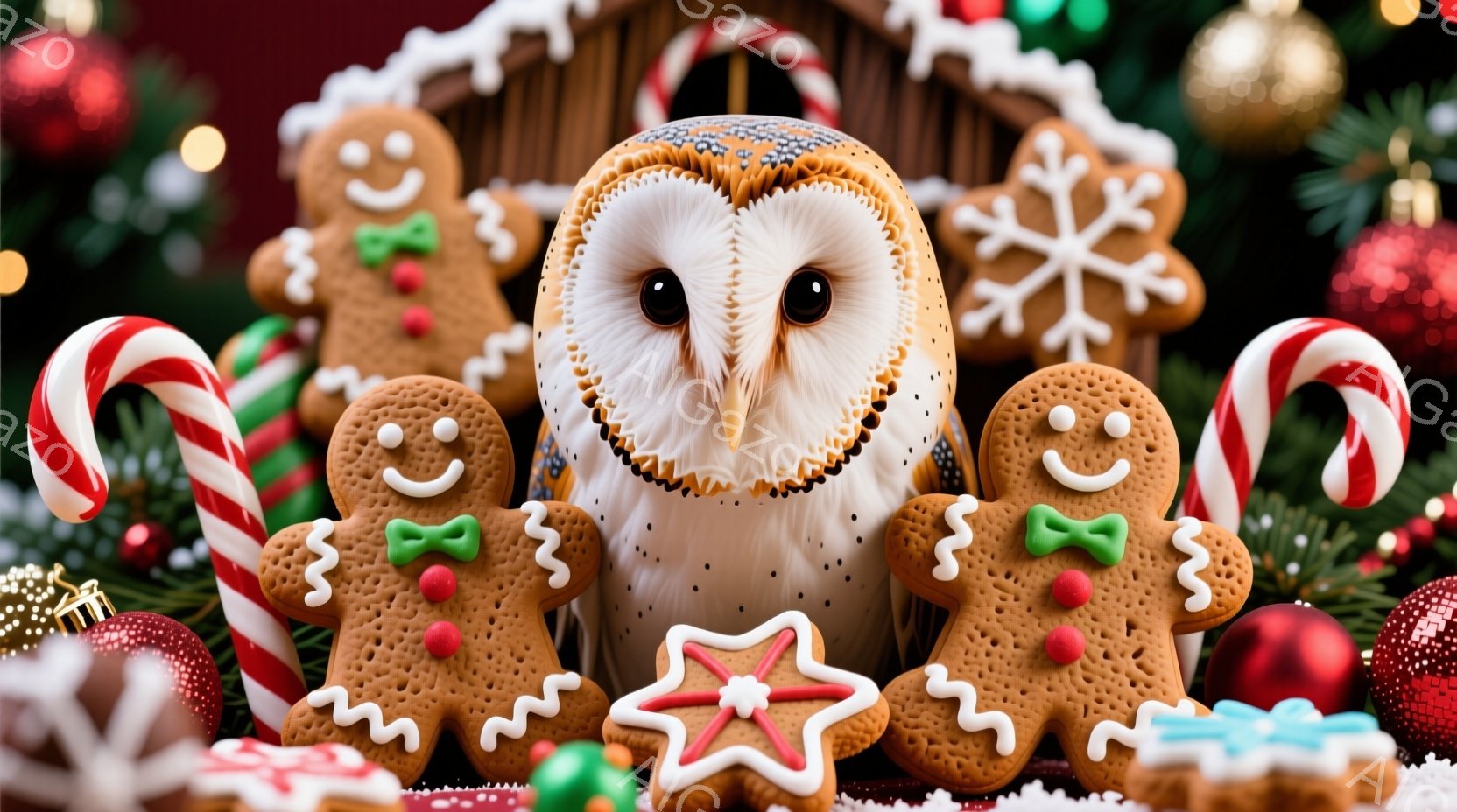 ふくろうが、クリスマスのクッキーやキャンディで囲まれています。ふくろうは茶色と白のまだら模様で、穏やかな表情をしています。背景には、緑の木と、クリスマスオーナメントで飾られた建物が見え、全体的に暖かくお祝いムードに満ちています。