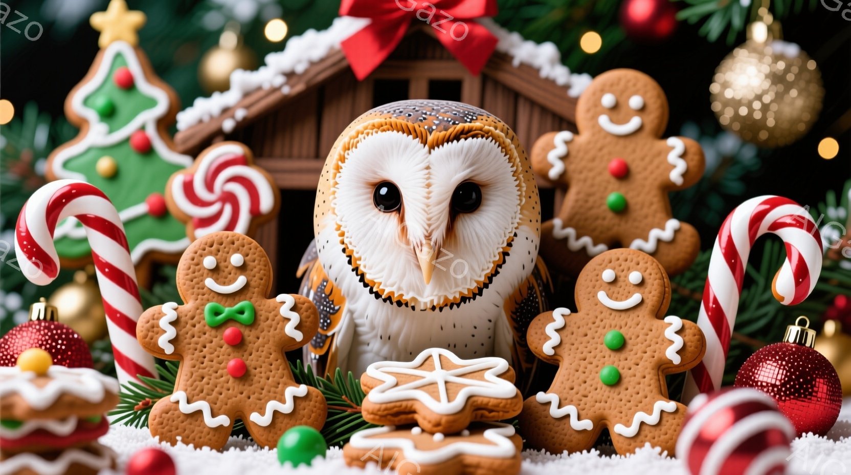 ふくろうの置物が、ジンジャーブレッドマンやキャンディケーン、クリスマスオーナメントに囲まれて配置されています。背景には、クリスマスツリーと、雪が積もったような装飾が施された家が見え、暖かく、お祝いムード満載の雰囲気です。ジンジャーブレッドマンは笑顔で可愛らしく、ホリデーシーズンにぴったりな光景です。