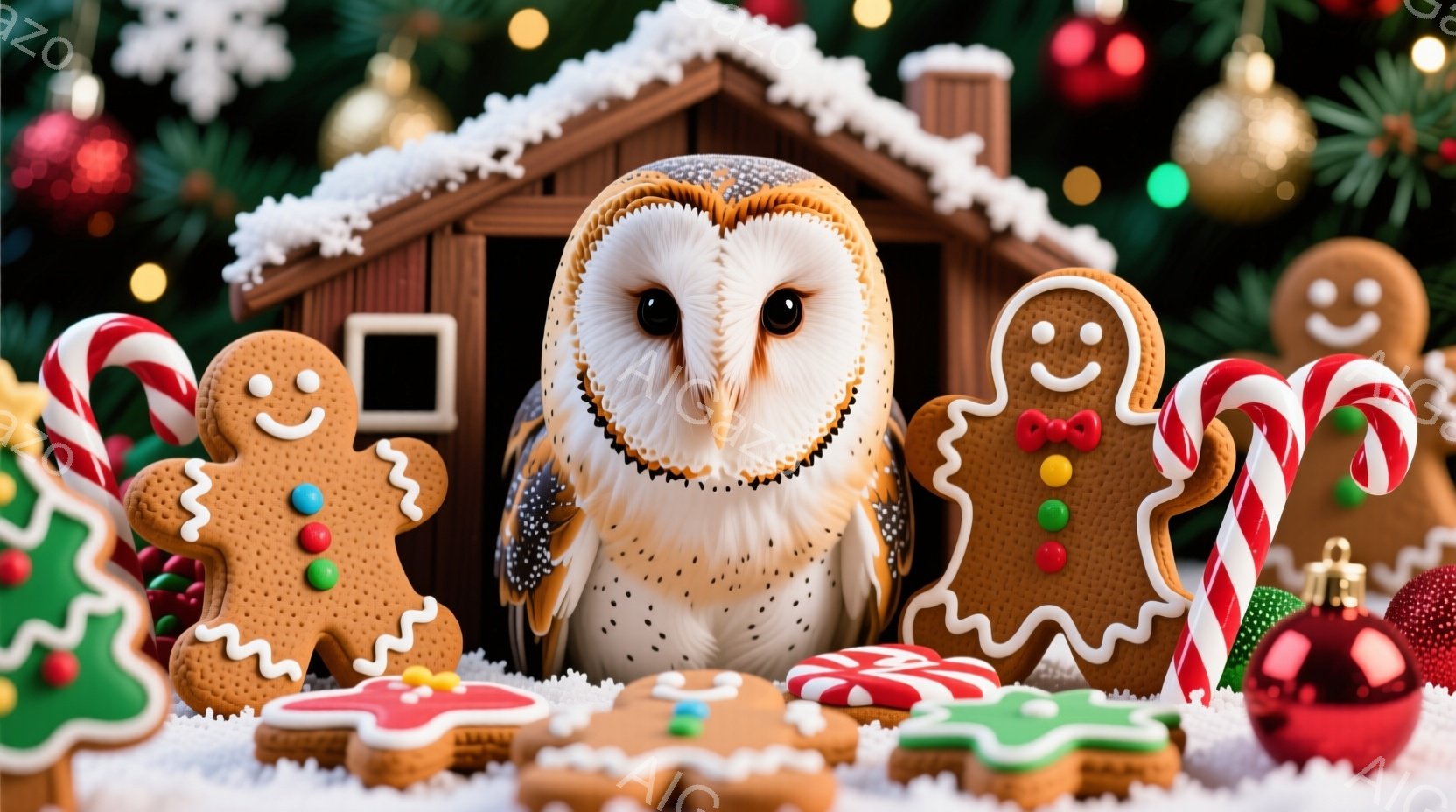 白いフクロウが、クリスマスツリーの装飾とジンジャーブレッドマンに囲まれて正面を見つめている。フクロウは雪の積もった小さな小屋の中に座っており、その周りにはキャンディケーンや色とりどりのクリスマスオーナメントが散りばめられている。全体的に、冬の暖かくお祝いの雰囲気が漂う、ファンタジーのような光景である。