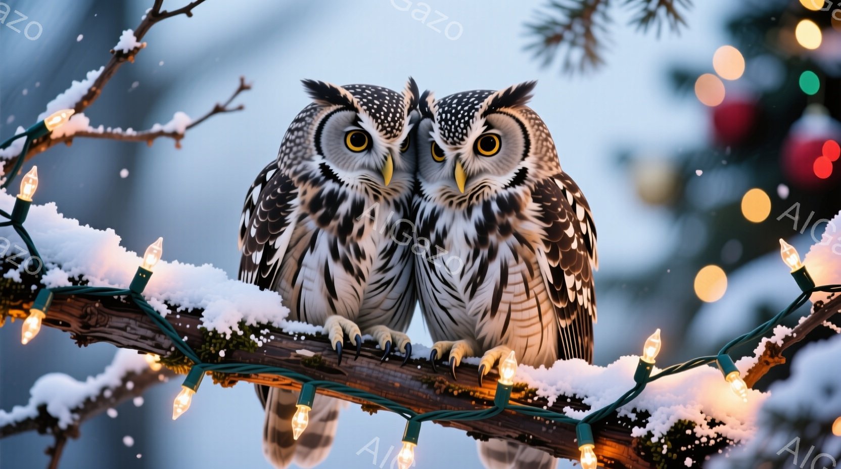 雪が積もった木の枝に、二羽のフクロウが寄り添って座っています。フクロウは鋭い眼光で正面を見据え、白い雪と温かい光のコントラストが印象的です。背景にはぼやけたクリスマスツリーの光が散りばめられ、冬の暖か - AI生成フリー素材