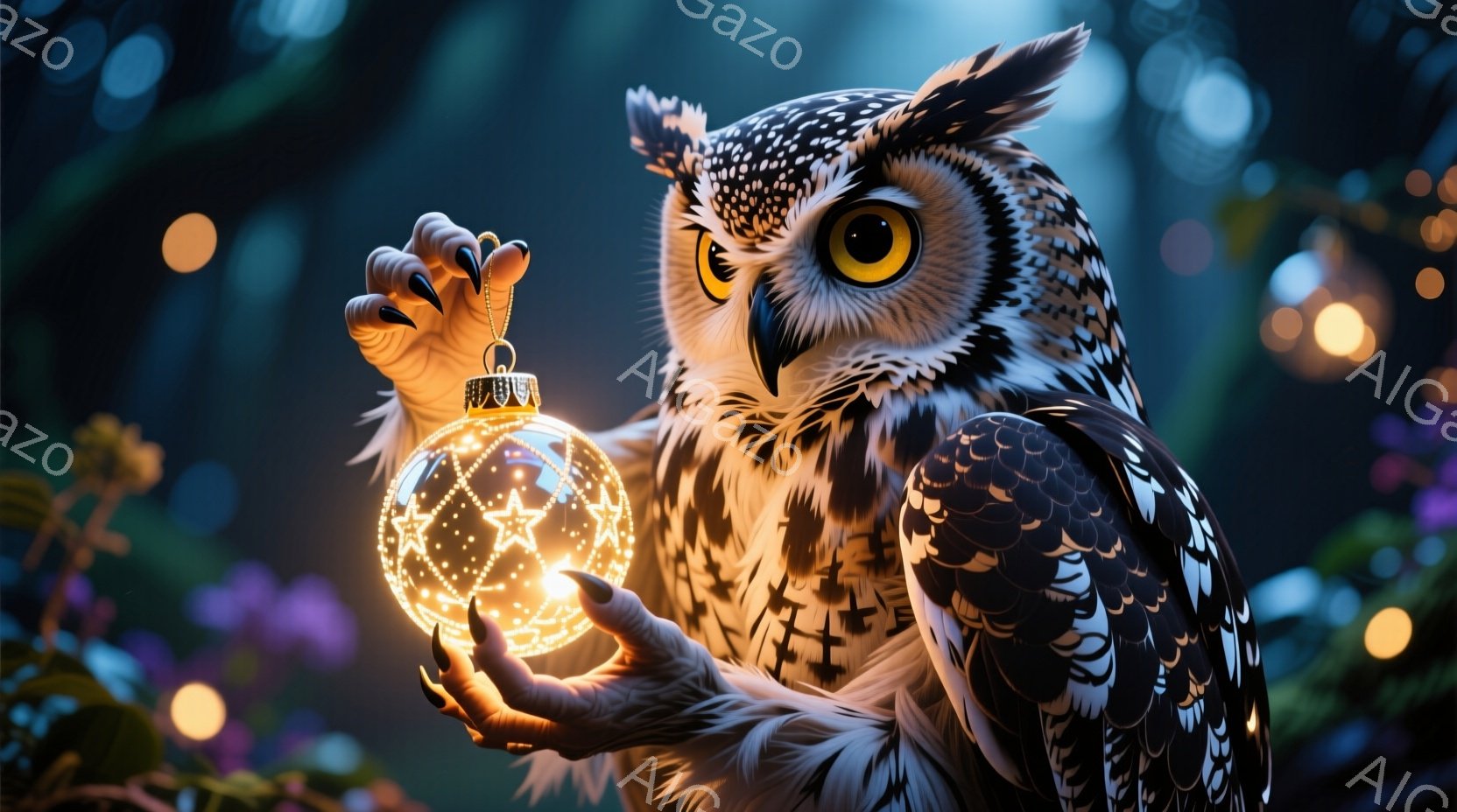 大きなフクロウが、光り輝く装飾球を鋭い爪でそっと支えています。背景は紫色と緑色のぼやけた植物で、小さな光の粒子が舞い、幻想的な雰囲気を醸し出しています。フクロウは前を見据え、真剣で神秘的な表情を浮かべており、冬の夜の魔法のような瞬間を捉えたようです。