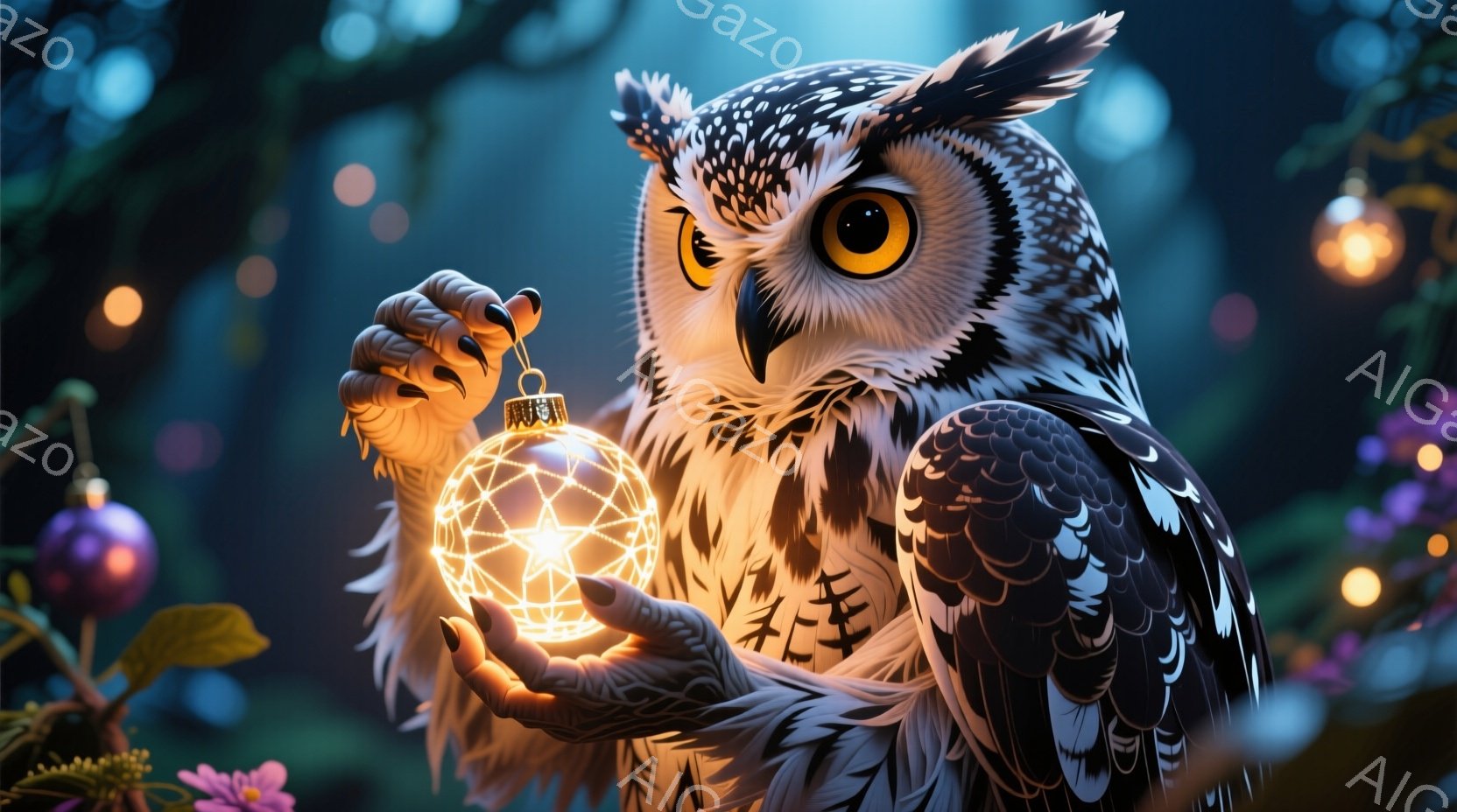 大きなフクロウが、光り輝く球体を前足でそっと支えています。フクロウの羽は緻密な模様で覆われ、鋭い眼光は見る者を捉えます。背景は暗く、ぼやけた花々や光の粒子が幻想的な雰囲気を醸し出しています。