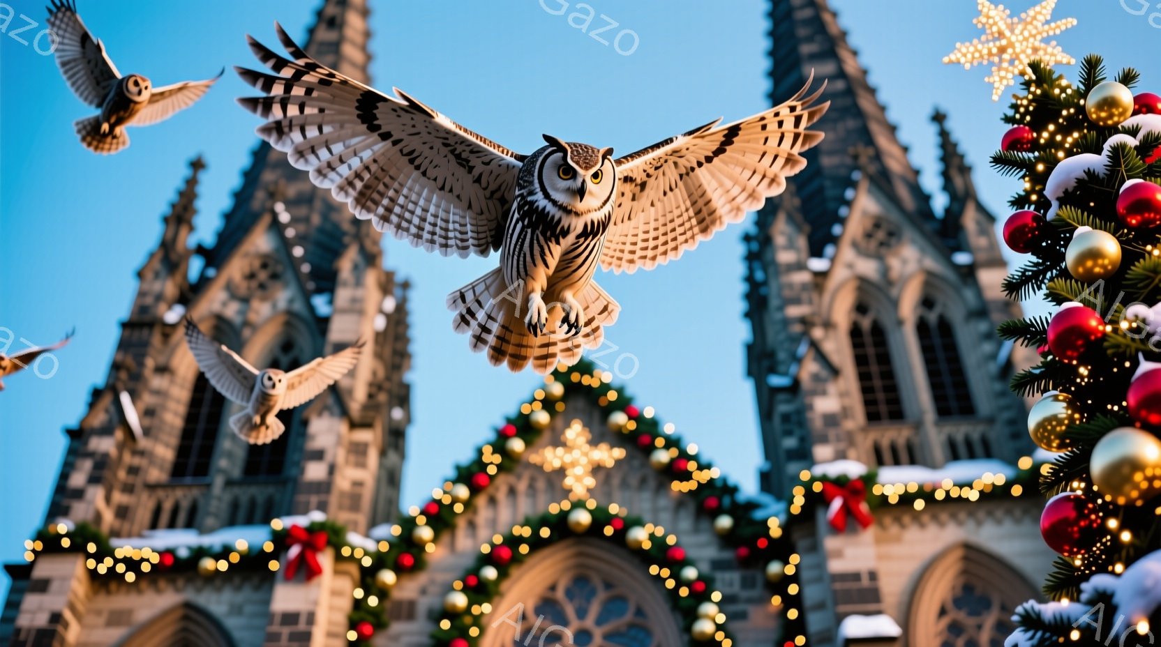 荘厳なゴシック様式の建物が背景にあり、クリスマスデコレーションで彩られています。空には数羽のフクロウが舞っており、特に手前のフクロウは翼を広げ、ダイナミックな飛行姿勢を見せています。全体的に、冬の夜に神秘的で幻想的な雰囲気が漂っています。
